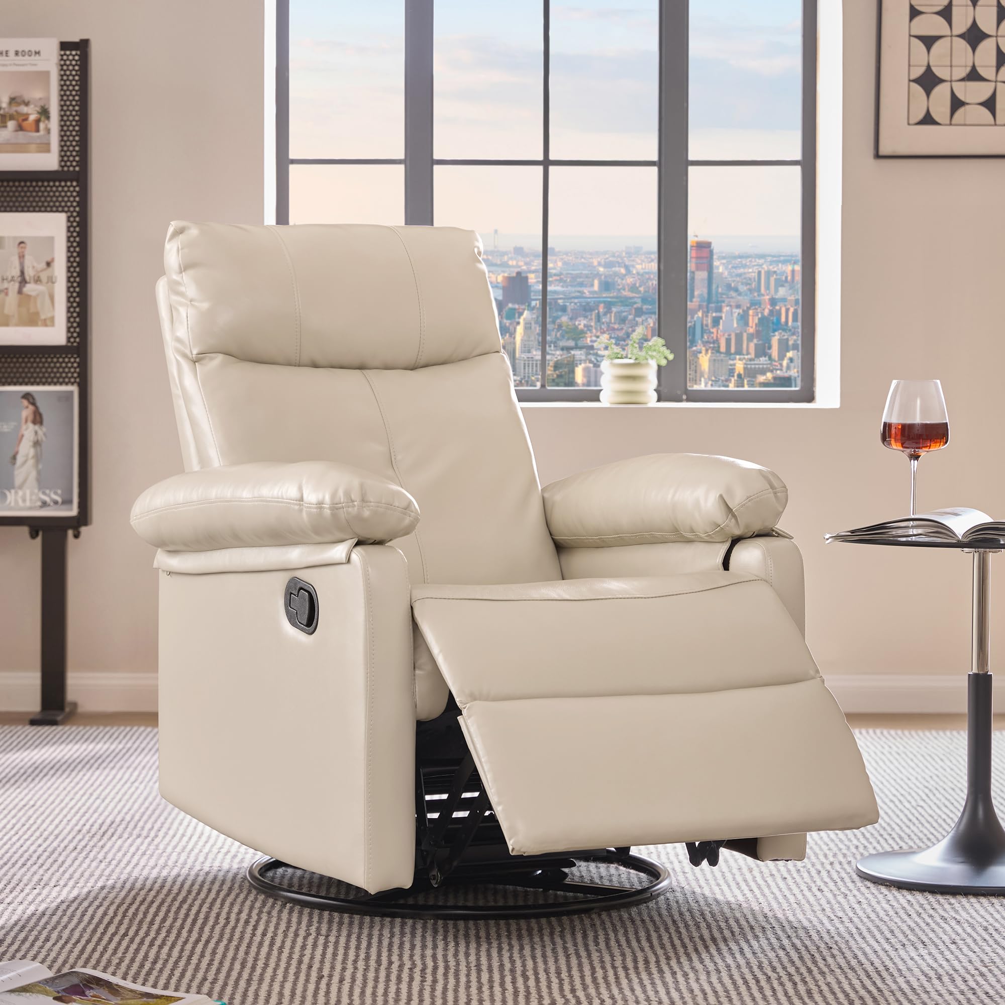 30° Rocker & 360° Swivel Recliner Chair, Manual Glider Reclining with Adjustable Backrest Footrest and Lumbar Support for Nursery Living Room Bedroom Small Spaces, Faux Leather