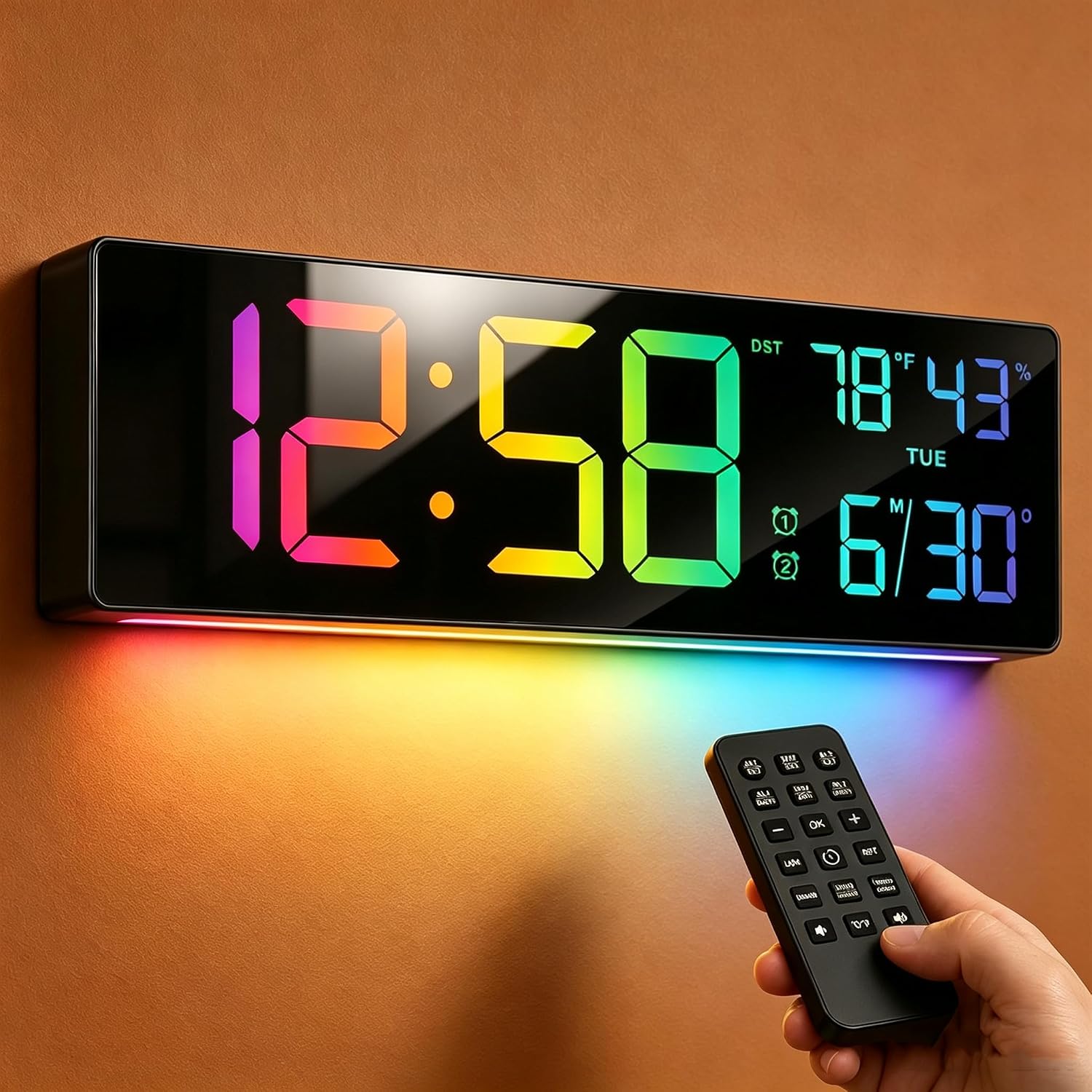 RGB Large Digital Wall Clock, 15.7" Digital Clock Large Display with Remote