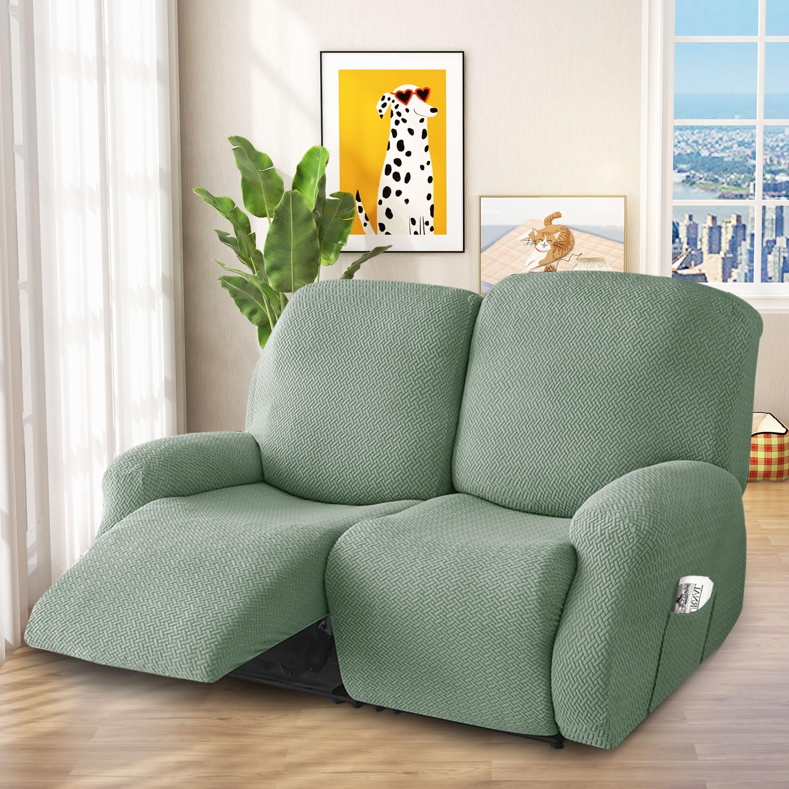 Rivestimento per poltrona a 2 posti, elasticizzato, con tasche, per poltrona e poltrona relax (verde chiaro, 6 pezzi)