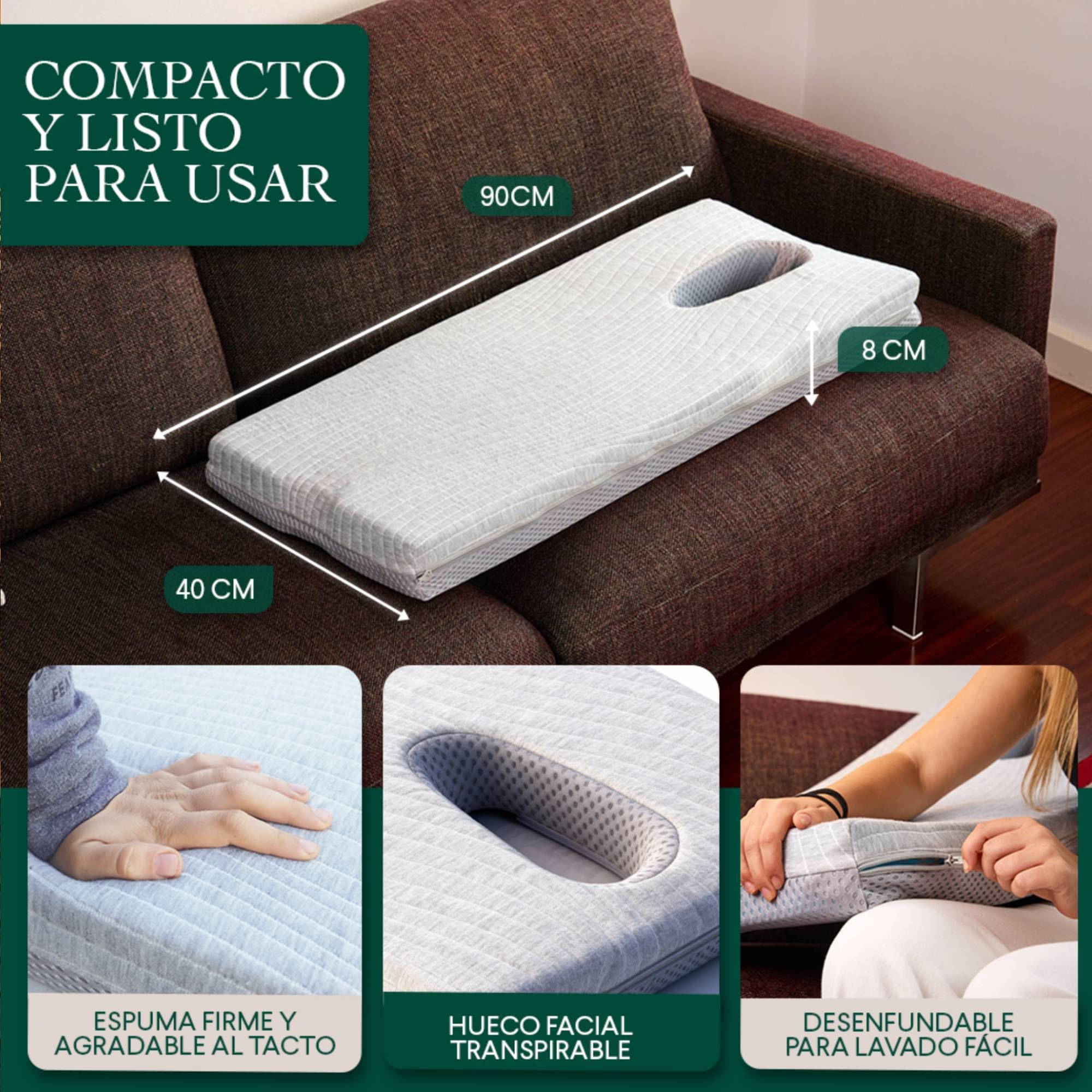 Colchón de Masaje Cervical, Espalda y Lumbar con Hueco Facial ergonómico – Respira Boca Abajo – Espuma Firme, Funda Lavable – Incluye Aceite Masaje 100 ml