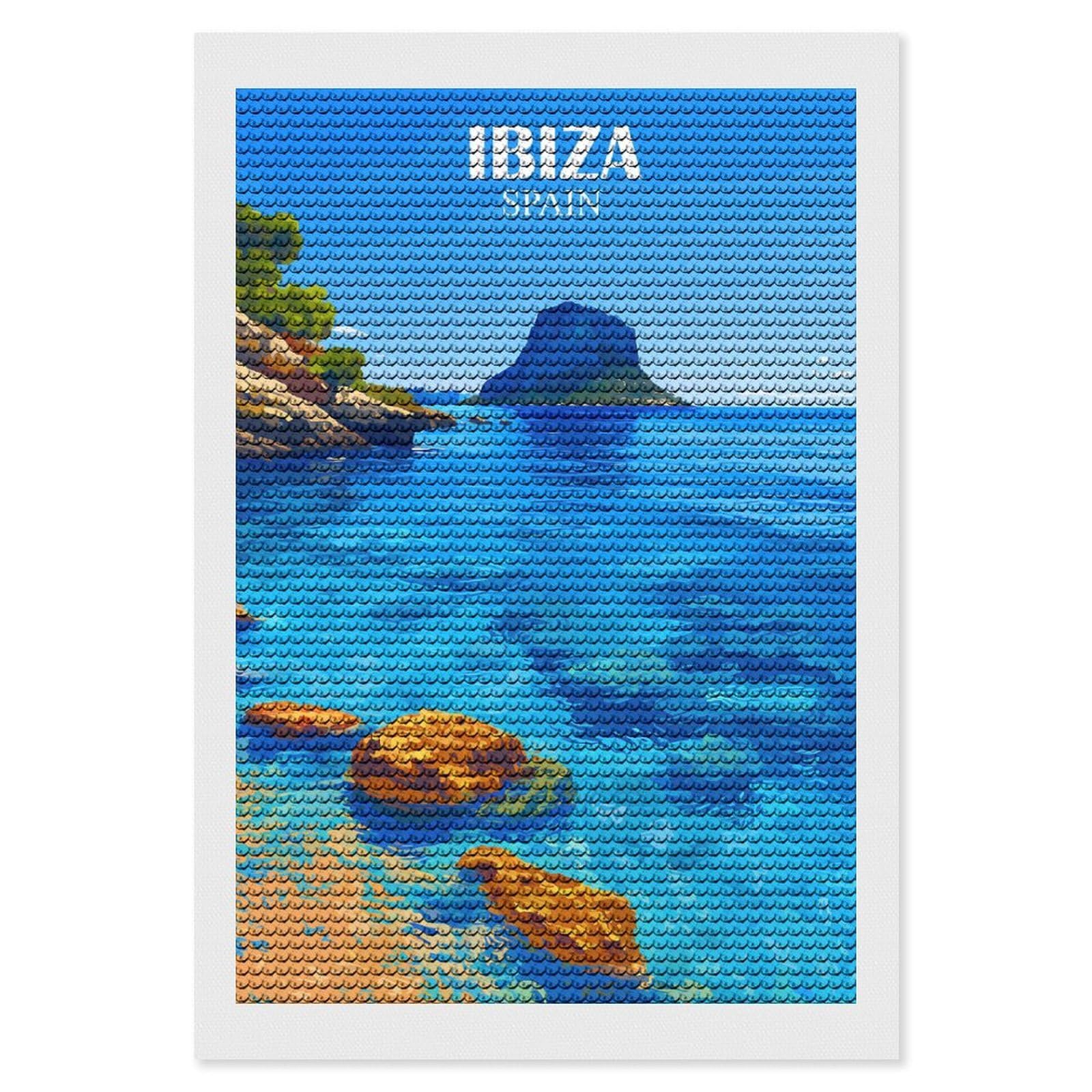 Junmoney Ibiza Spain Diamond Painting Canvas Set 8"x12", with Tool Kit, Easy to Enjoy, Home Wall Decor, Thoughtful Handmade Gift