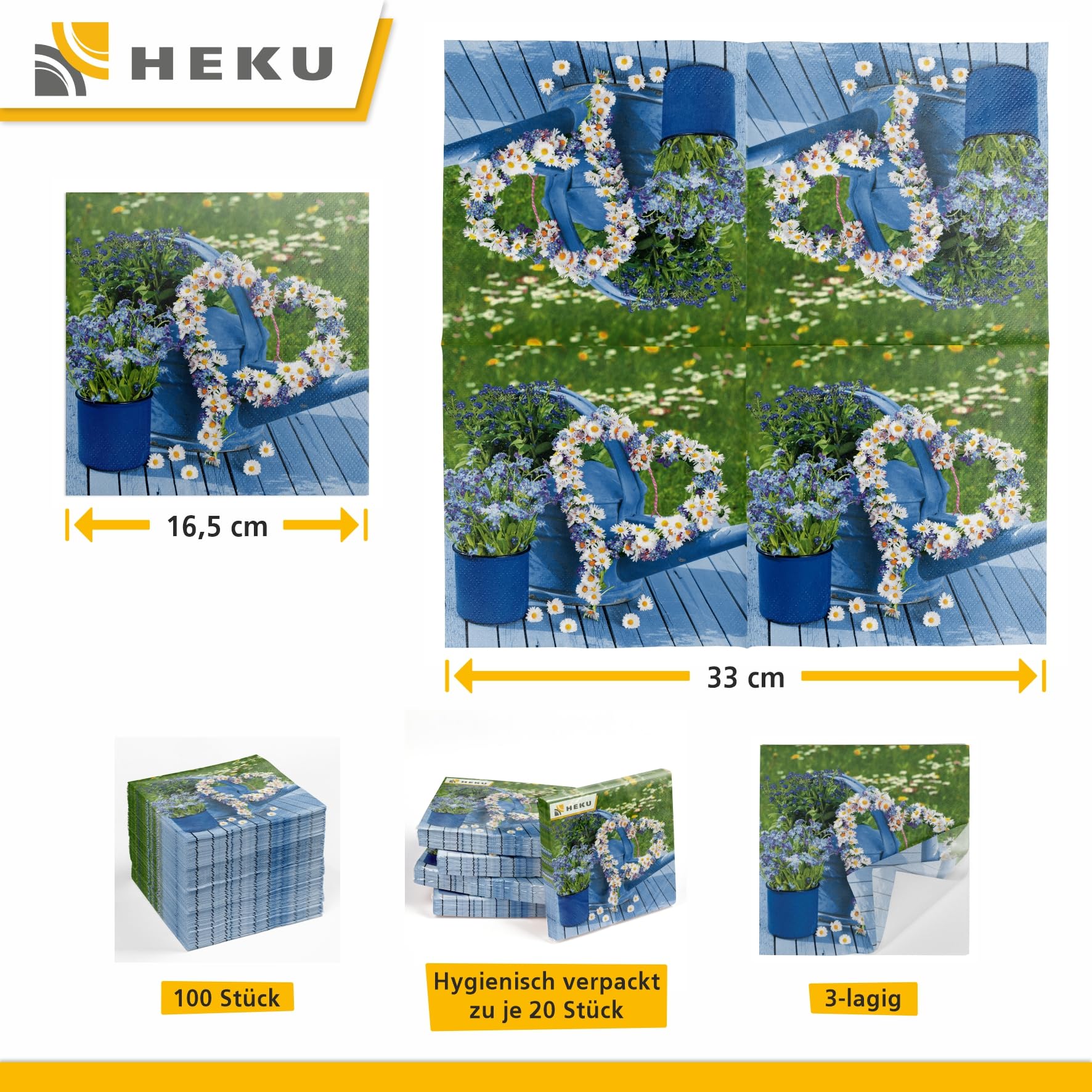 HEKU 100 servetten, 3-laags, 33 x 33 cm, Flower Power I absorberend en praktisch verpakt, ideaal voor speciale gelegenheden