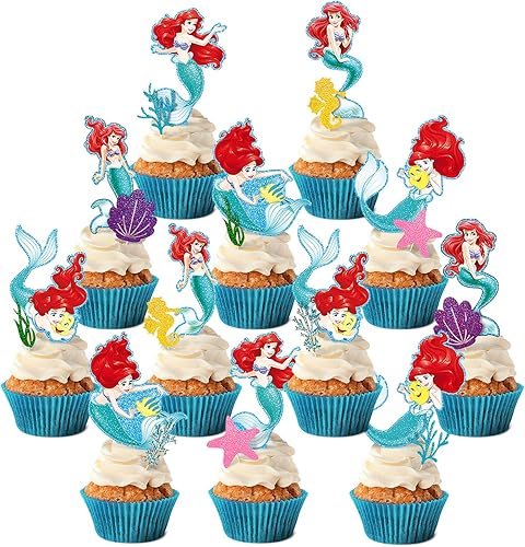 48 adornos de sirena para cupcakes de Ariel para cumpleaños, decoración de cupcakes para niños, suministros de fiesta temática con purpurina