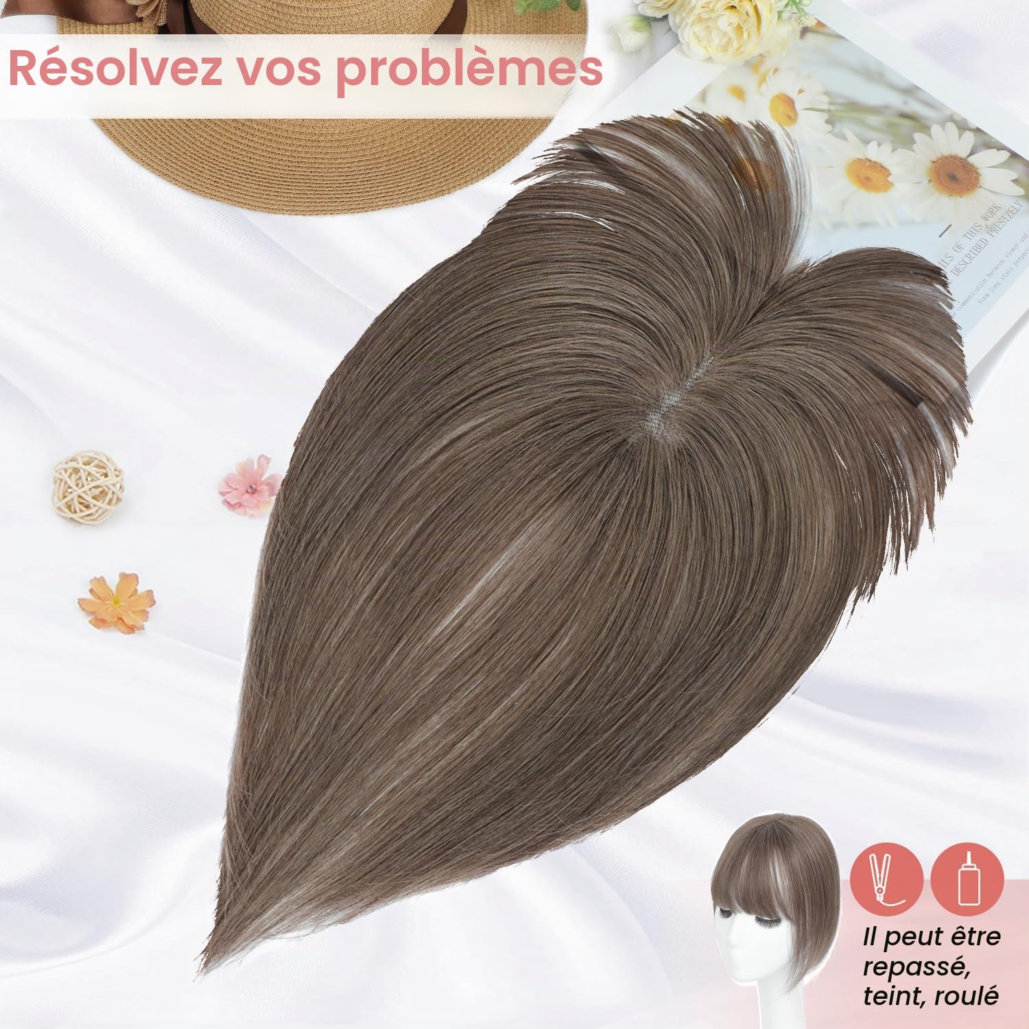 Postiches pour femmes avec cheveux humains - Postiche avec frange tissée à la main - Base suisse - (Brun cendré foncé)
