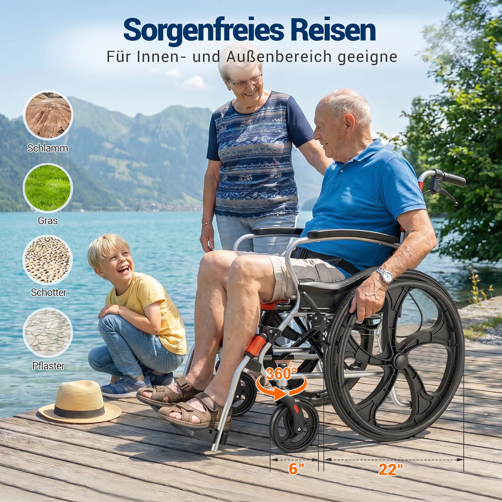 Care-parents Silla de ruedas plegable de aluminio ligera (11 kg) – Silla de viaje autopropulsada con 45 cm de ancho – Silla de ruedas compacta con freno de mano y neumáticos a prueba de pinchazos