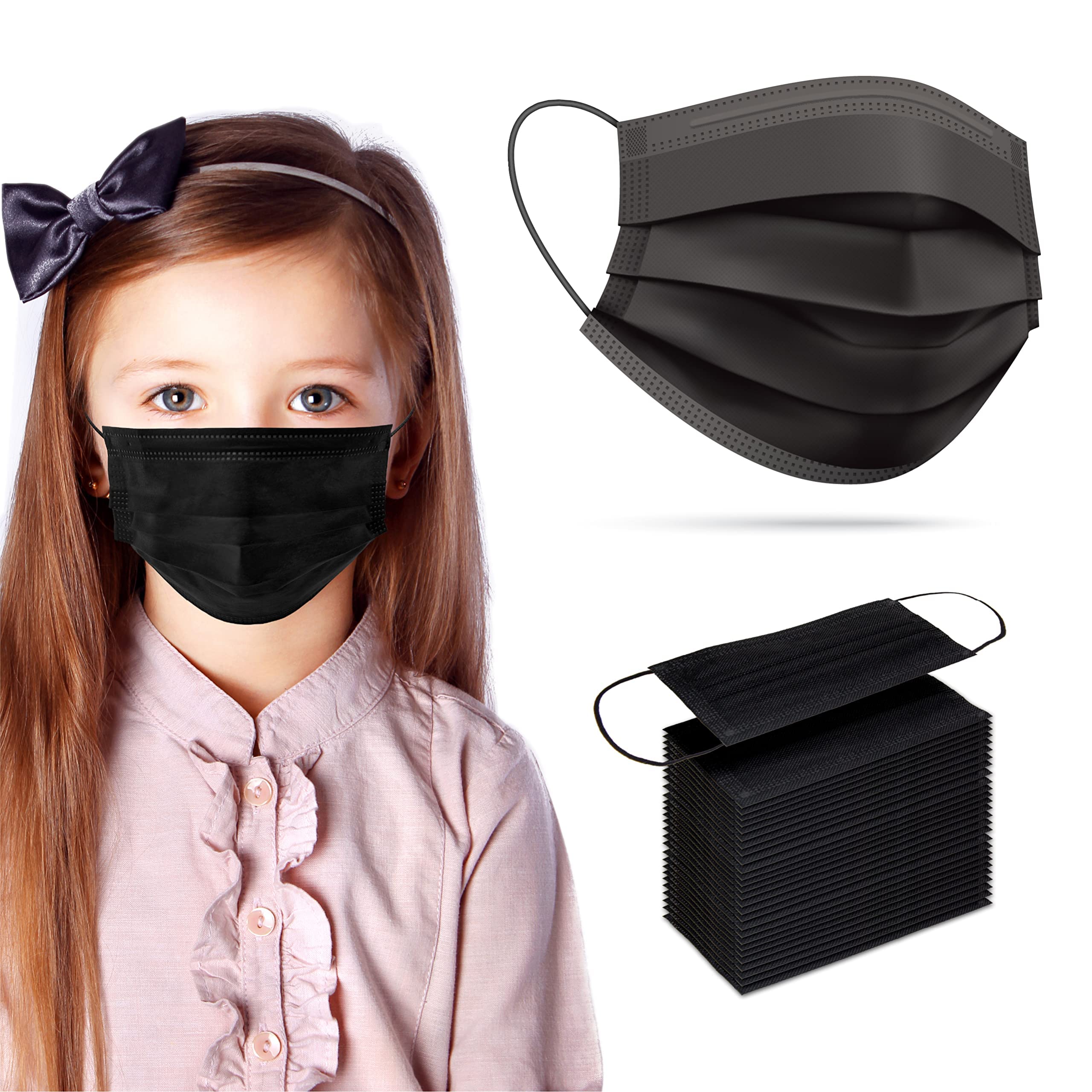 [Pack Of 300] kids Disposable Face Masks Boys and Girls 3-Ply Masks | Facial Cover with Elastic Earloops For Childcare, School (Black)