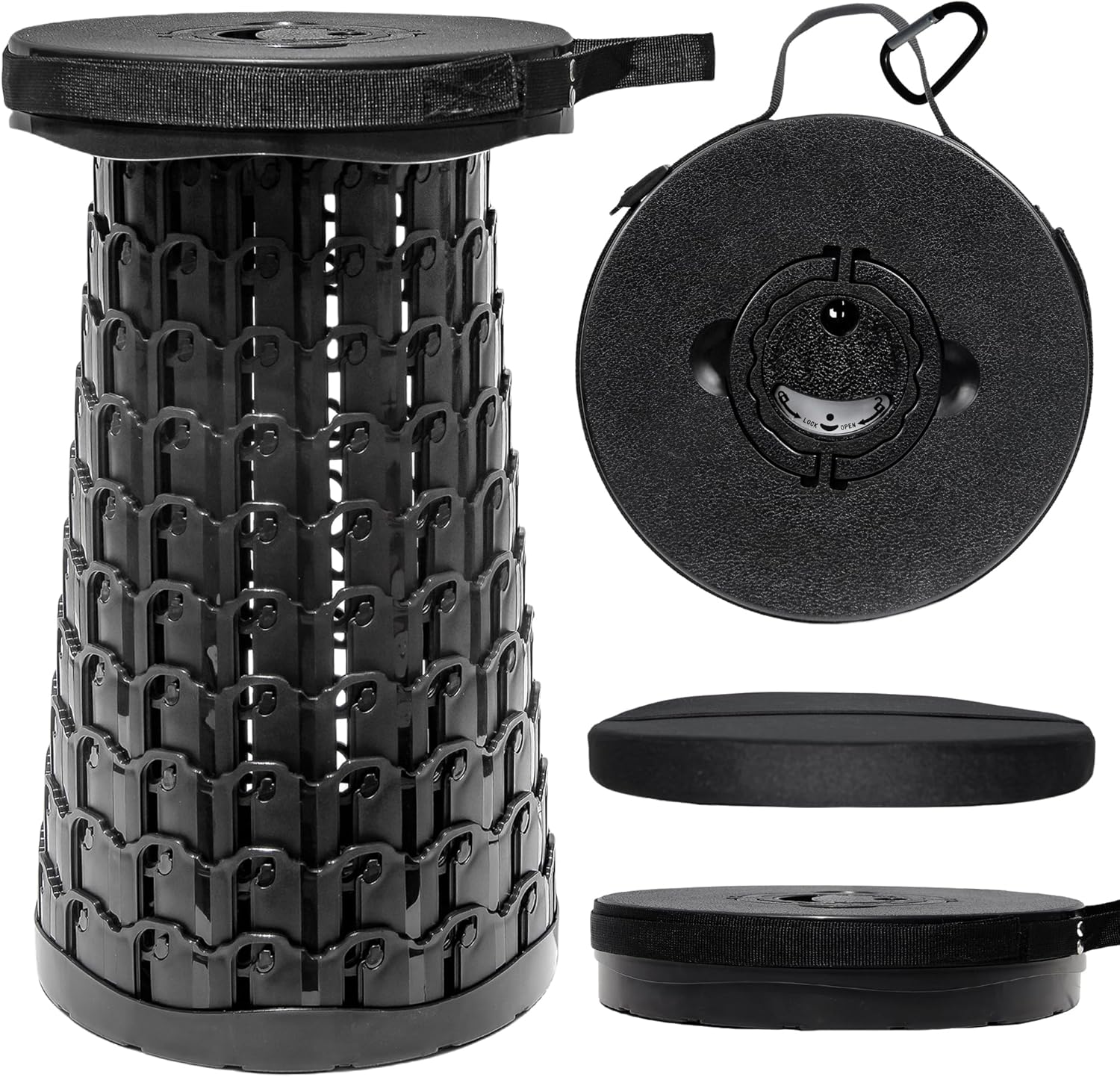 ALEVMOOM 2025 19.7" H Collapsible Stool with Cushion, Capacity 1000lbs Portable Stools for Adults Heavy Duty, Adjustable Height Telescoping Folding Stool, for Outdoor Camping Travel Hiking Fishing