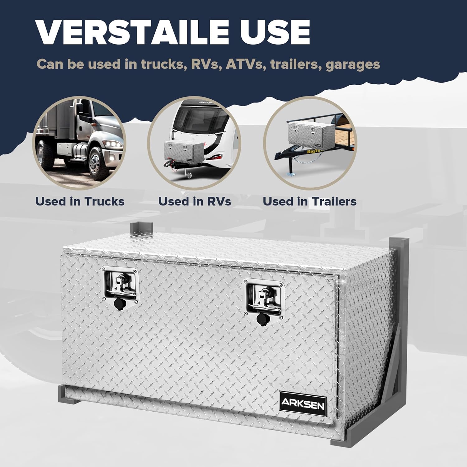 ARKSEN 36 x 17 x 18 Inch Underbody Tool Box, Heavy Duty Aluminum Diamond Plate Waterproof Square Storage Organizer Chest with T-Handle Lock & Keys for Pickup Truck, RV & Trailer – Silver