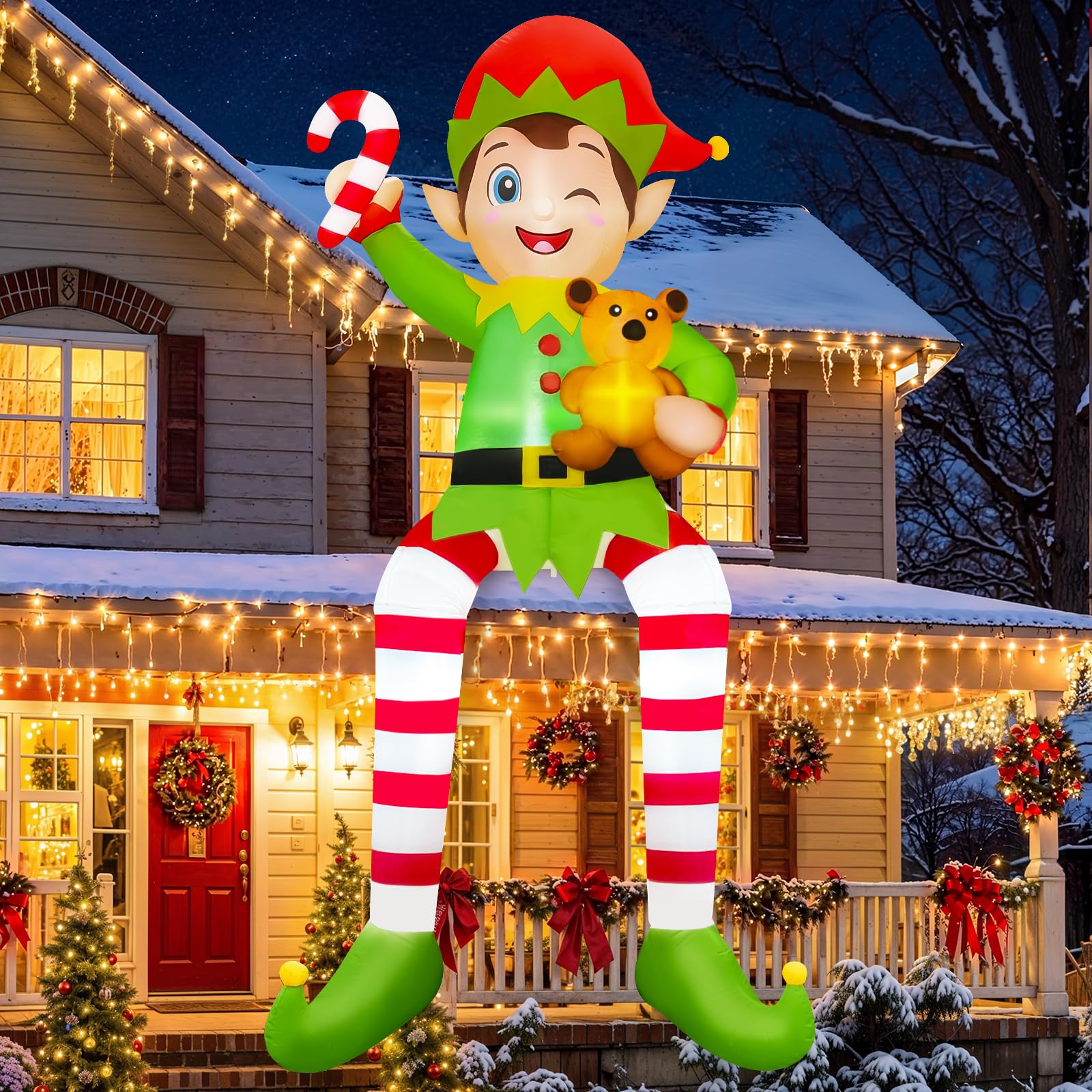 Ours elfe gonflable 3m OurWarm avec LED pour decoration jardin de noel