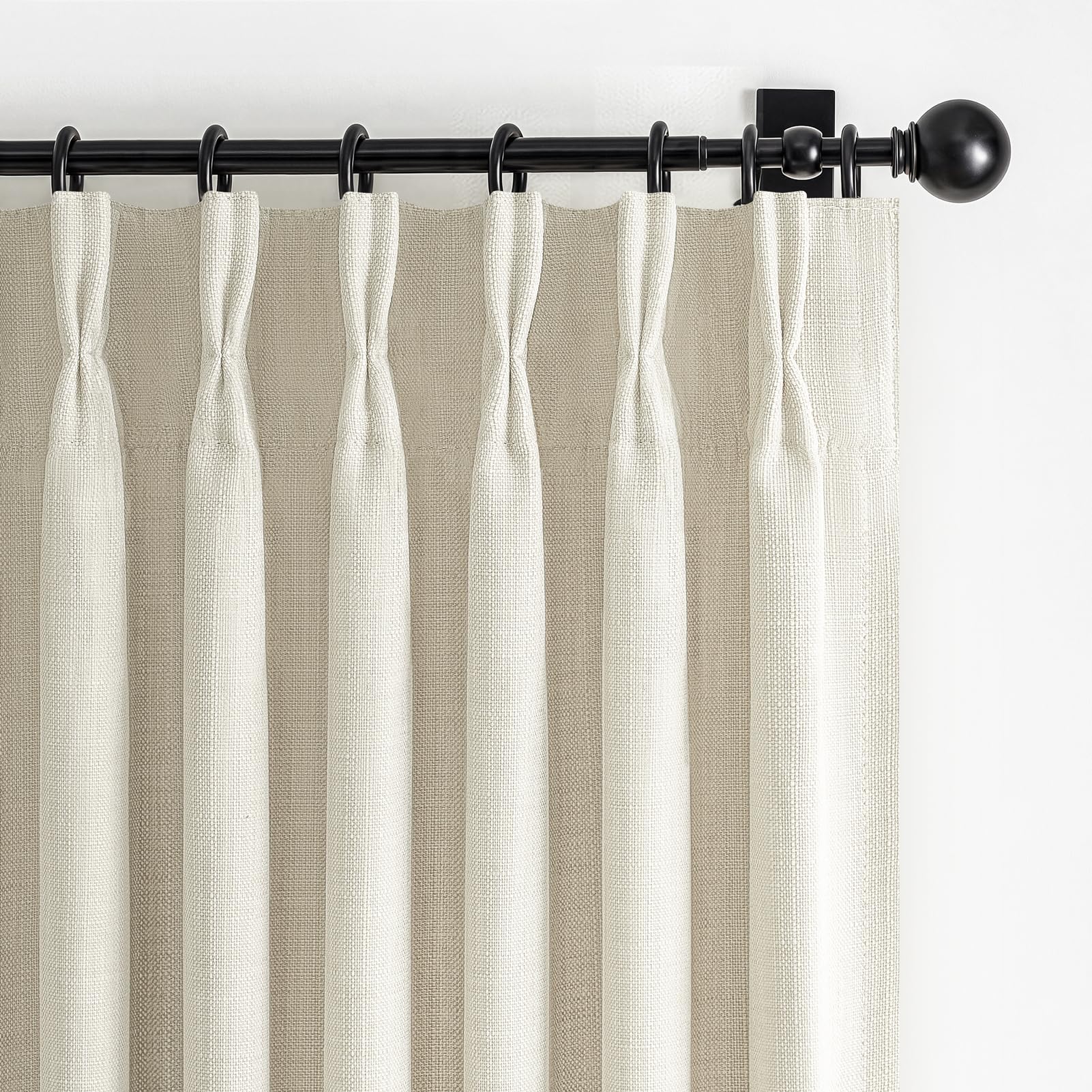 Cream Linen Blackout Small Kitchen Window Curtains 47 Inch Length, Memory Trained Pinch Pleated Thermal Boho Extra Short Curtain Double Layer Soundproof Light Blocking Drapes 2 Panel Set with Back Tab — image 1