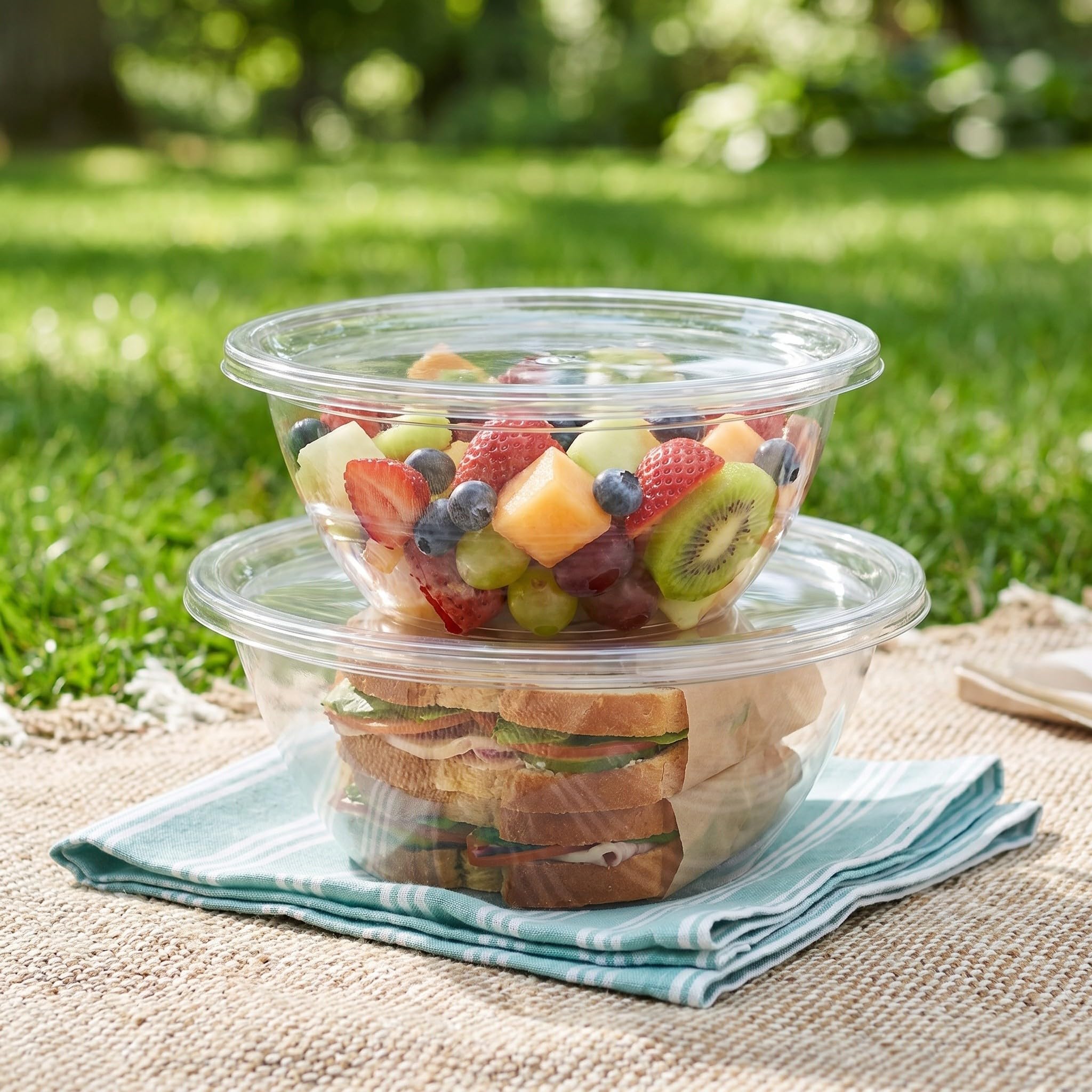Operitacx 2 Sets transparente Salatschüsseln aus Kunststoff mit Deckel, 13" und 11" große, stapelbare Behälter zum Mitnehmen, ideal für Mittagessen, Meal Prep, Camping und Gefrierschrank