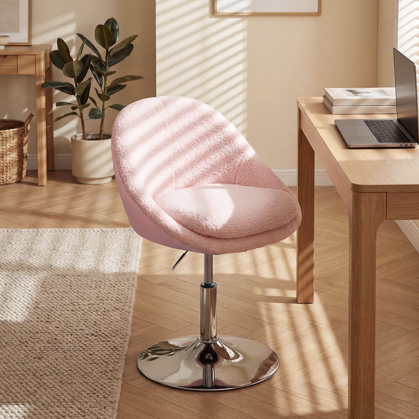 WOLTU Chaise Coiffeuse, Chaise Pivotante avec Dossier, Hauteur Réglable, en Tissu Teddy et PU, pour Chambre à Coucher, Bureau à Domicile, Rose