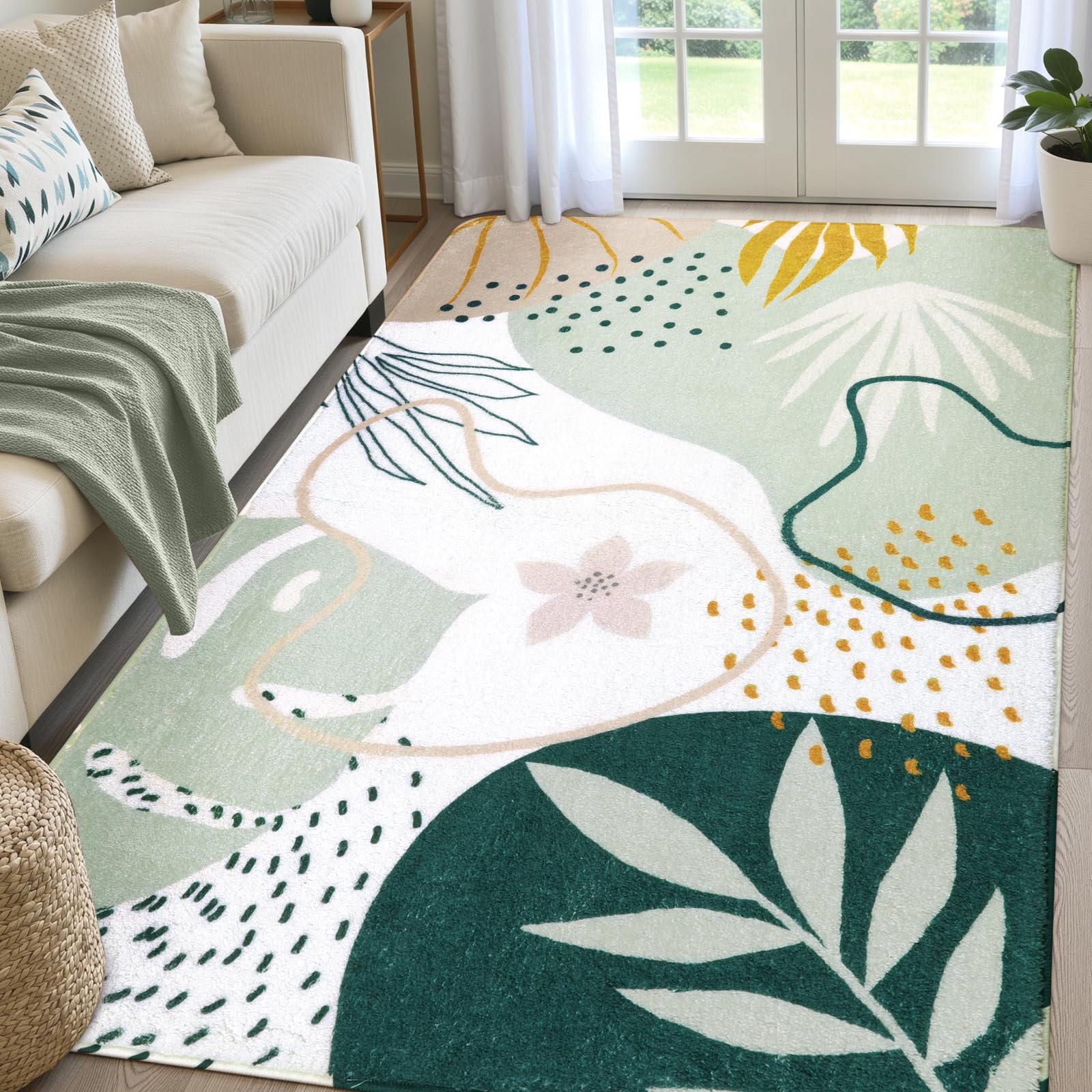Lahome Green Machine Washable Living Room Rugs - 4x6 Area for Bedroom Throw Non-Slip Lightweight Dining Rug, Boho Botanical Print Soft Indoor Carpet