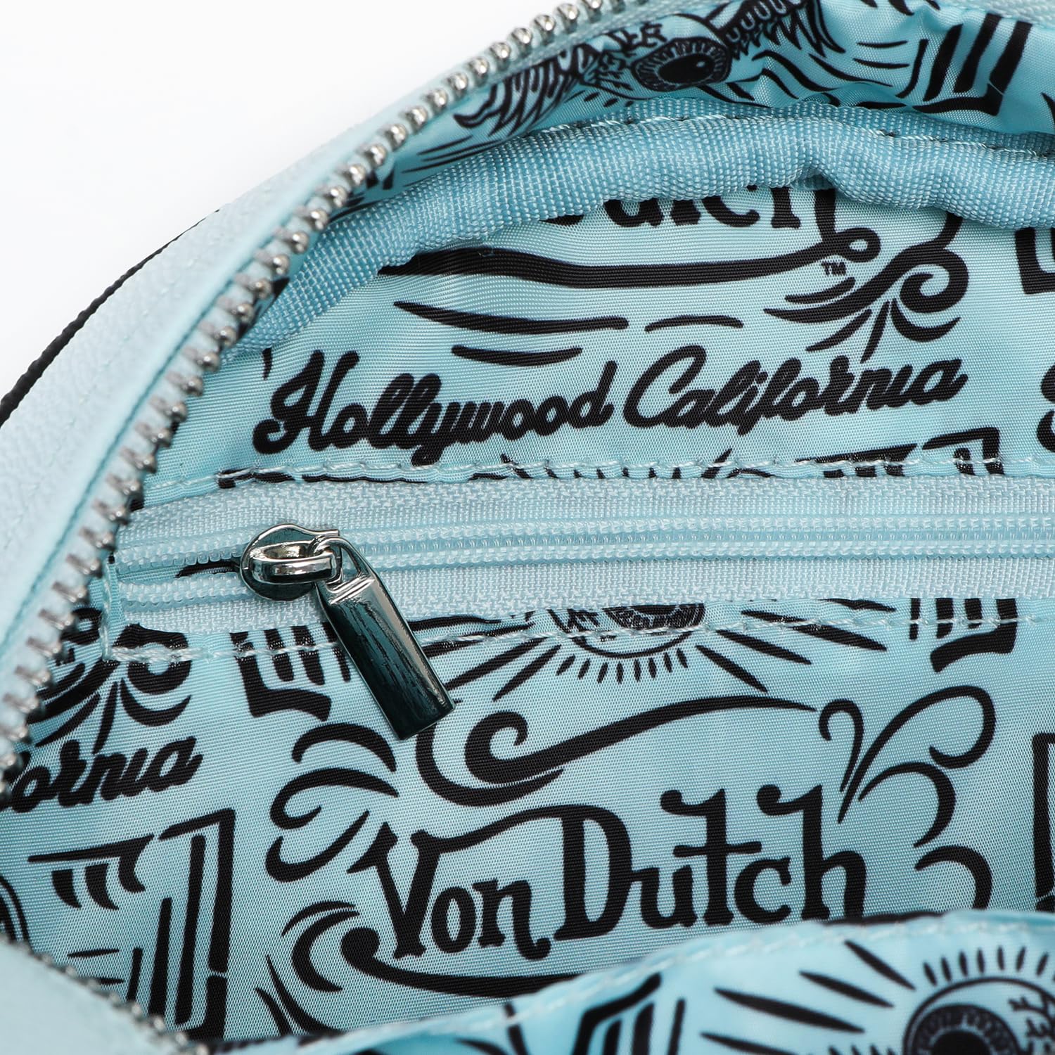 Von Dutch Womens Two Tone Bowling Bag Purse - Stylish Women's Handbag with Adjustable Strap, Spacious Interior, and Iconic Logo Design (Light Blue and Black)