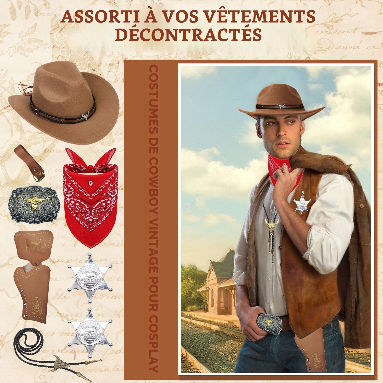 8 Pièces Cowboy Costume Accessoires Set, Marron Cowboy Fancy Dress Kit avec Chapeau Bandana Insigne Ceinture Collier Vintage pour Adulte Hippie Carnaval Cosplay (Marron)