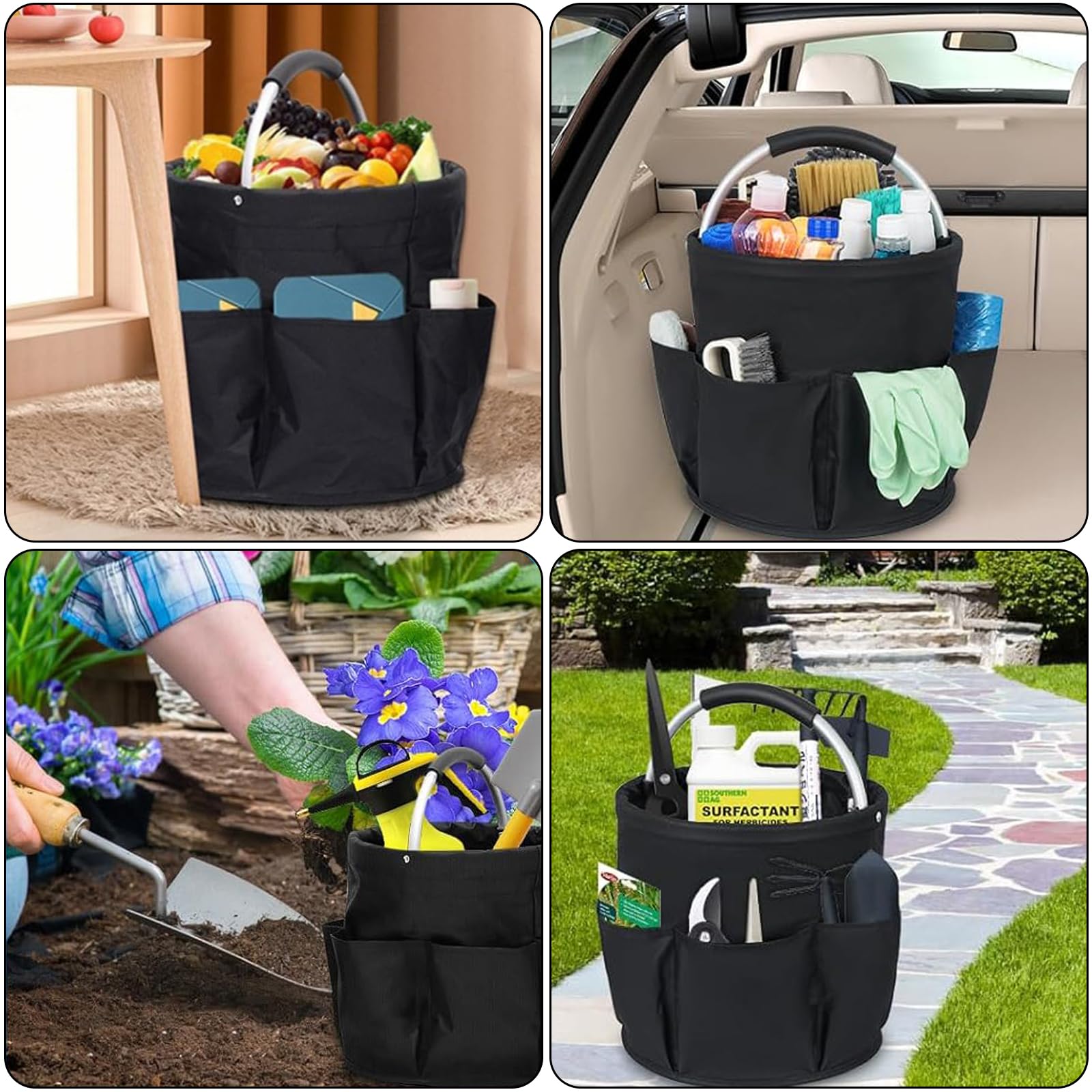 Organizer na środki czyszczące, uniwersalny Caddy, 28 x 28 cm, składany kosz do przechowywania, z uchwytem i 6 przegródkami, torba do czyszczenia wnętrz, ogrodu, łazienki, czarny