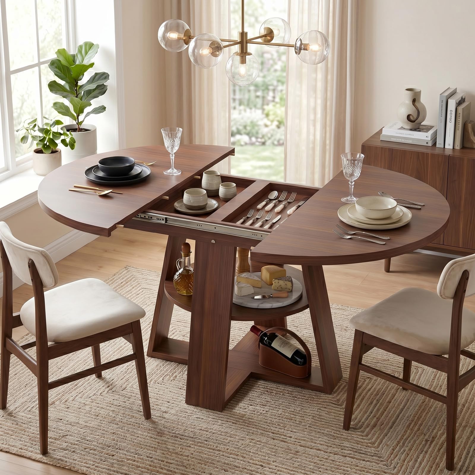 Esstisch Ausziehbar Holz, Küchentisch 100cm-140cm, Esszimmertisch Ausziehbar für 2-8 Personen, Ausziehtisch Esszimmer Mit Abnehmbarer Tischplatte, Holzgestell mit Ablagefläche