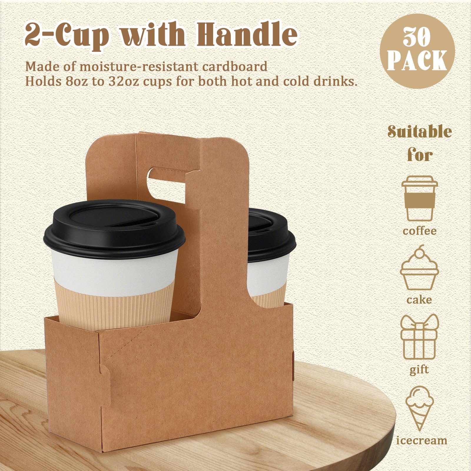 Lot De 30 Porte-gobelets Jetables Pour 2 Tasses - Carton Marron, 22.5x17.5x8 Cm, Poignée, Pour Livraison Café, Bière