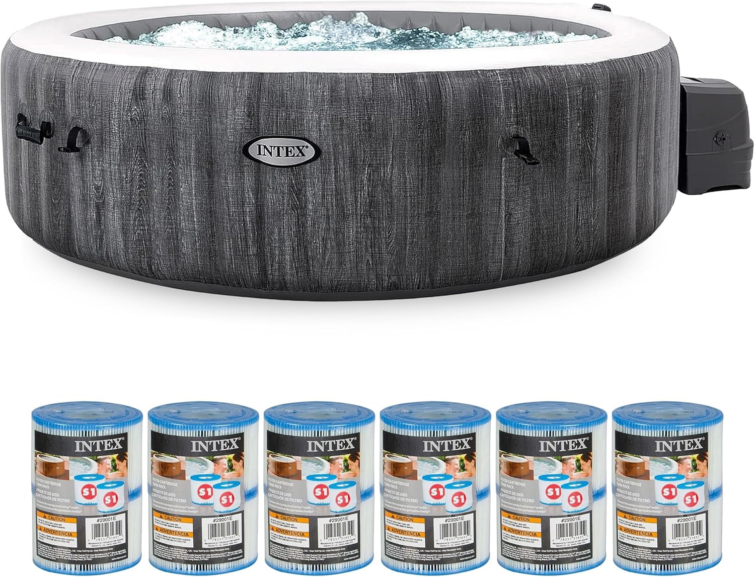 Intex PureSpa Plus Greywood 85" x 28" Inflatable Hot Tub Bubble Jet Spa with PureSpa Type S1 Easy Set Spa Filter Replacement Cartridges, (12 Pack)