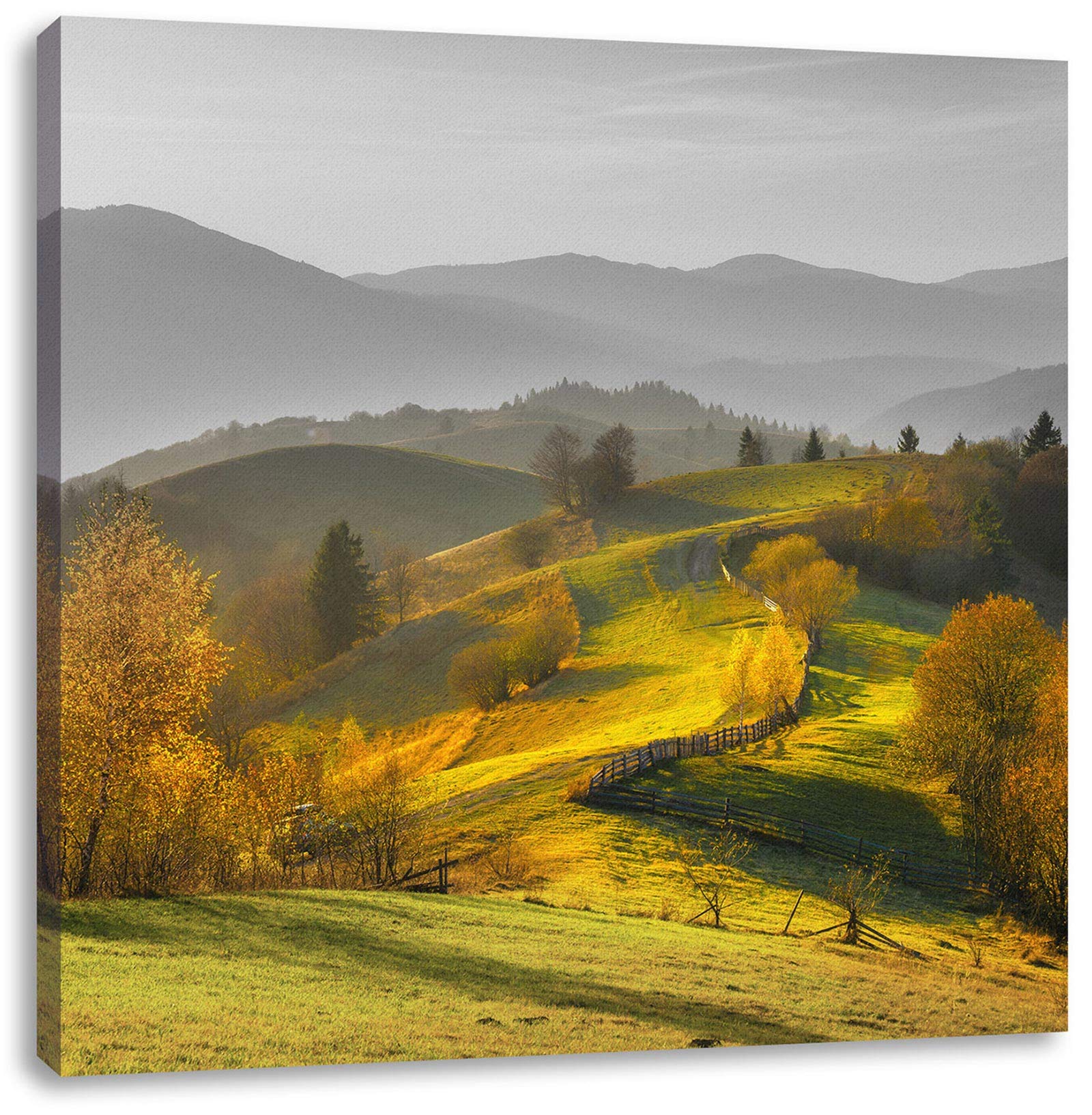 Pixxprint Canvas picture, Hilly autumn landscape at sunset B&W detail, Size: 15.7 x 15.7 inch - fully assembled on a wooden frame