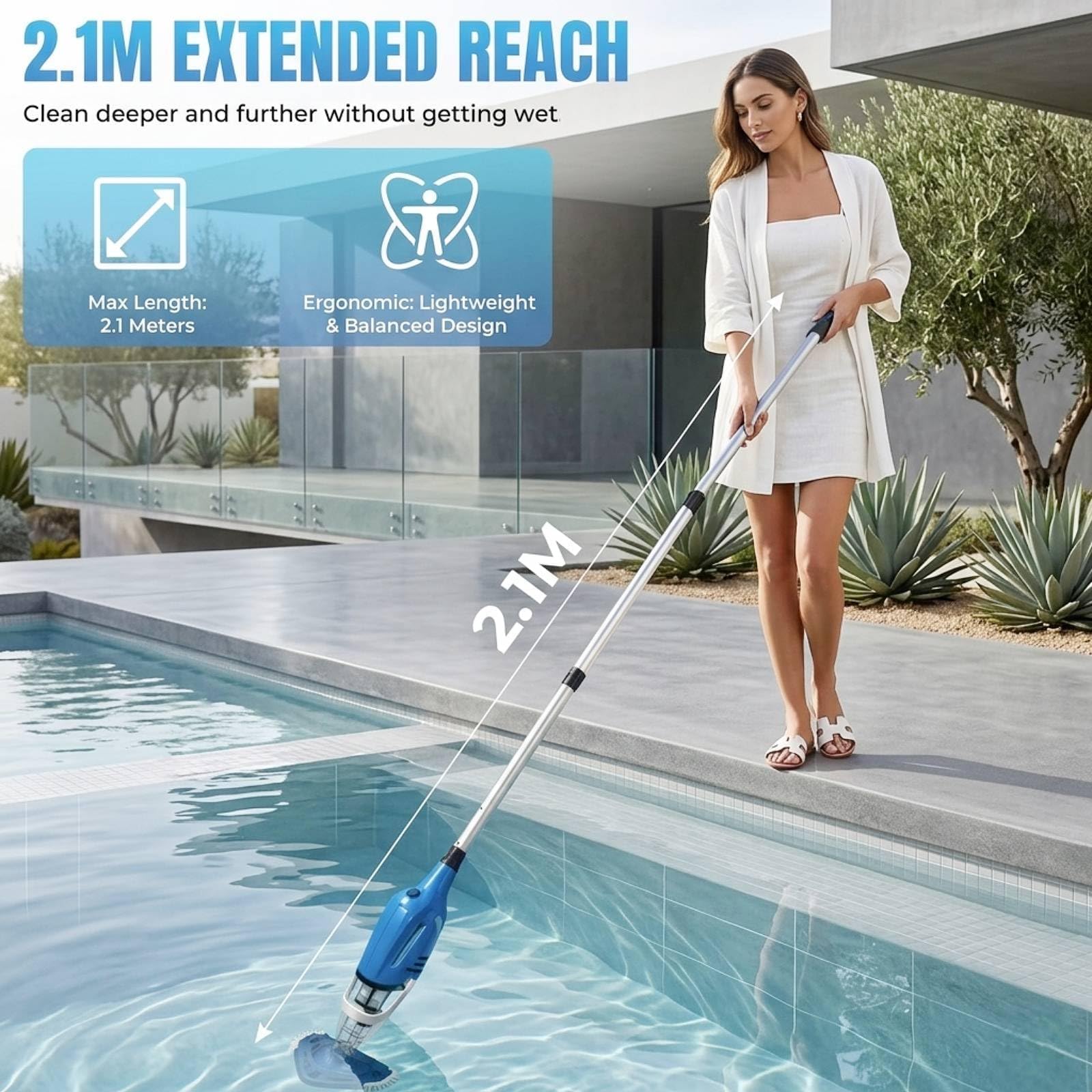 Bostar Aspirateur de piscine sans fil 120 l/min avec barre télescopique, autonomie de 80 minutes, double filtration, aspirateur à main pour petites piscines, spa, piscine de jardin