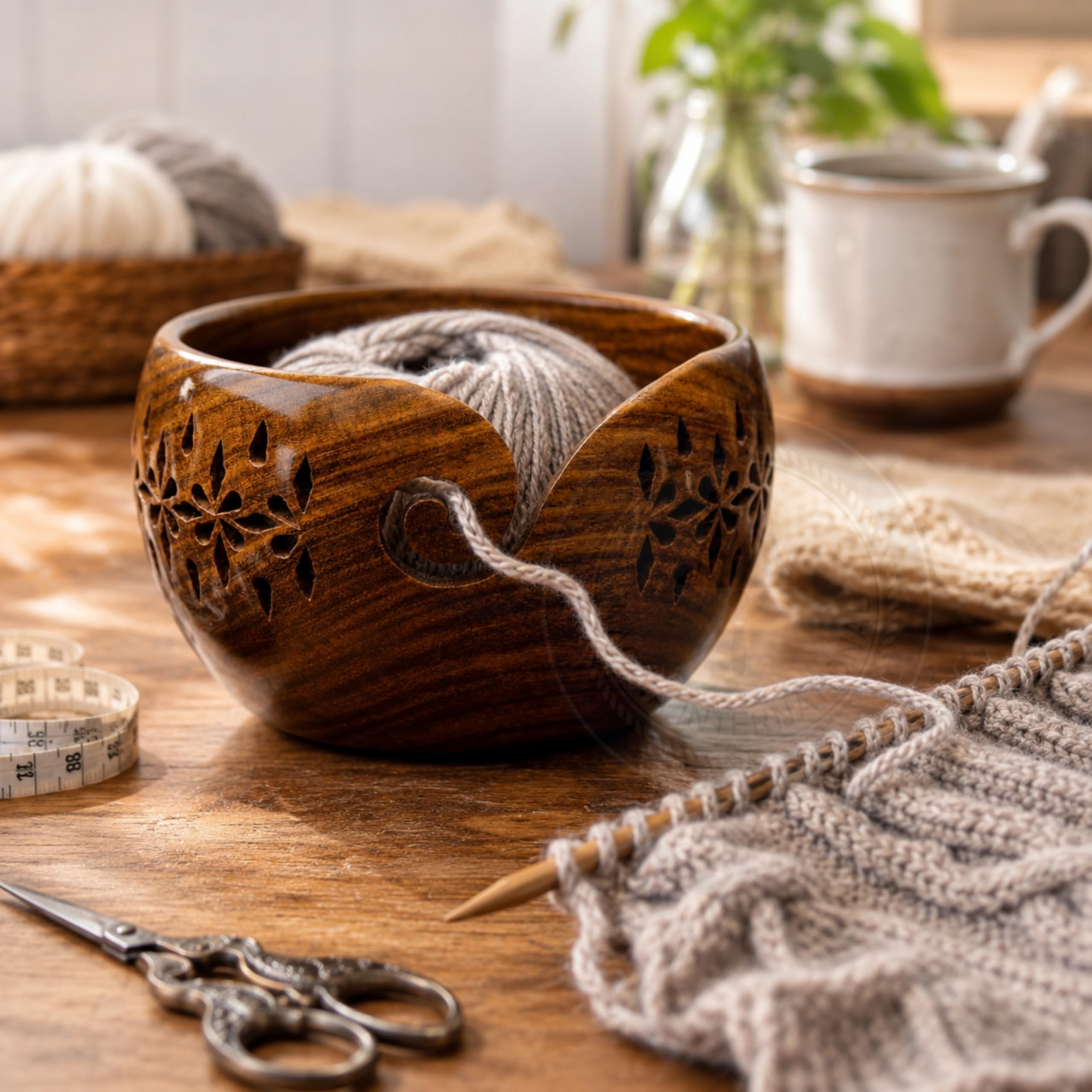 Nagina International Rosewood Crafted Wooden Yarn Storage Bowl With Carved Holes &amp; Drills | Knitting Crochet Accessories (Small)
