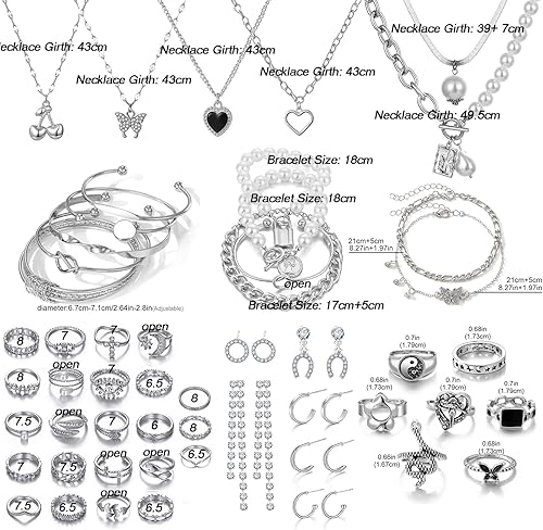 Miniatura 7 de 35-53 Pcs Silver Gold Jewelry Set for Women 12-30 Pcs Rings 4-7 Pcs Necklace 11-14 Pcs Bracelet and 5-16 Earring, Indie Stackable Vintage Boho Pearl