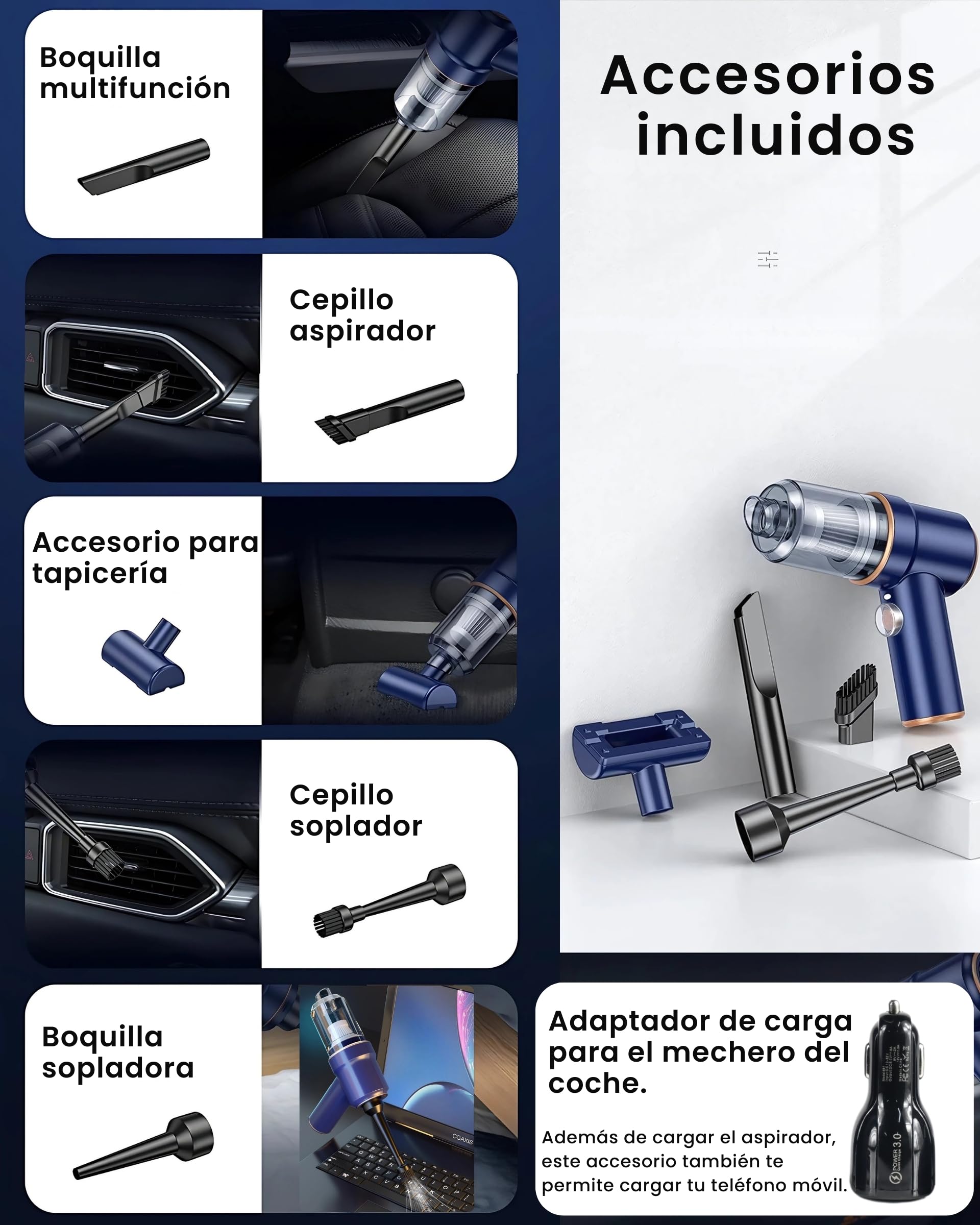 Aspirador de coche potente portatil sin cables, aspirador y soplador, Cargador de coche inluido, Filtro HEPA Lavable, 9000PA,4000mah, USB C, Soplador de aire para PC, Aspirador de coche inalámbrico.