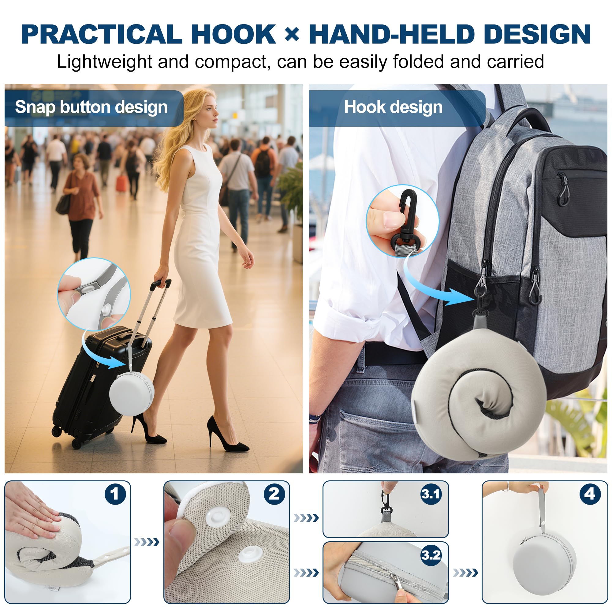 Chumix Cuscino Aereo Viaggio, Pieghevole Regolabile Cuscino da Viaggio Memory Foam con Mascherina per Dormire 3D e Contenitore in EVA, Travel Pillow con Gancio Adatto per Aerei (Beige)