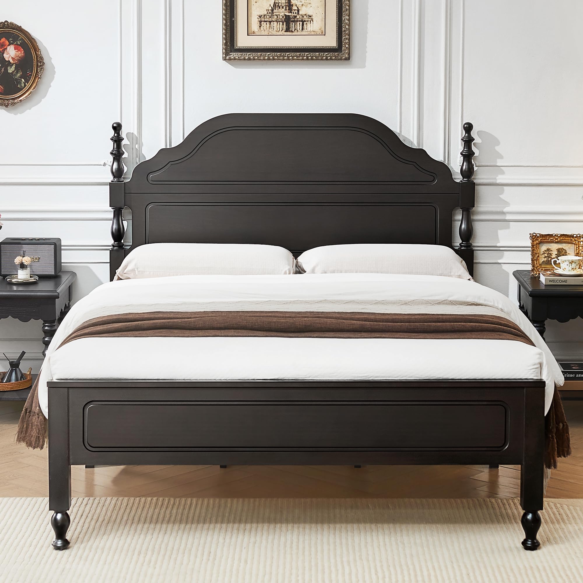 BedsPick Solid Wood Bed Frame Queen Size, Wooden Retro Style Queen Bed Frame with Headboard and Footboard, Heavy Duty Bed Frame with 12 Wood Slats Support,No Box Spring Needed,Noiseless, Dark Brown