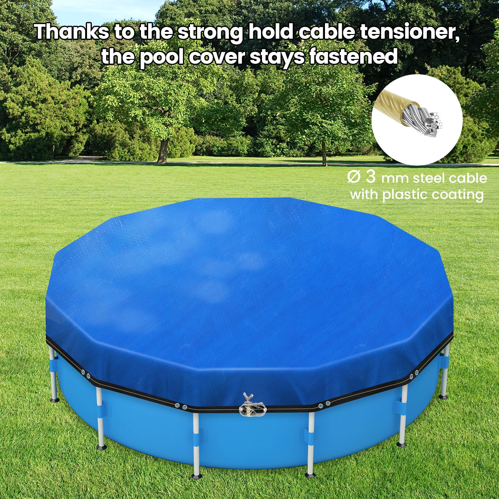 Cubierta Redonda para Piscinas de 460 cm, Lonas para Iscinas, Cubierta de Piscina de Verano e Invierno con Cordón y Clavijas para el Suelo, Fácil de Instalar y Estable, Negra