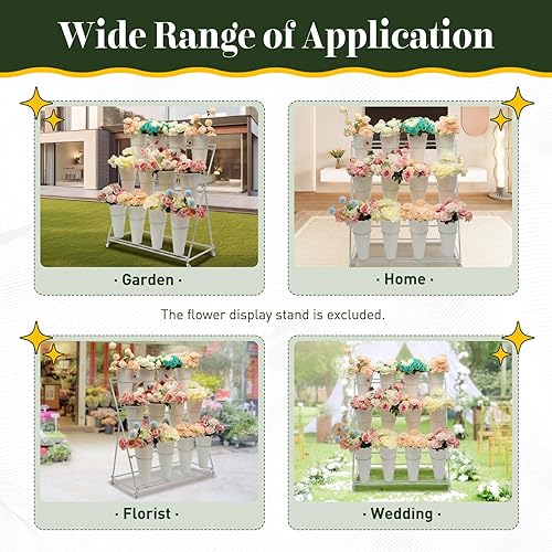 Miniatura 4 de Soporte de exhibición de flores con 12 cubos de plástico, 3 capas de metal para plantas con ruedas, carrito de flores resistente para interiores y