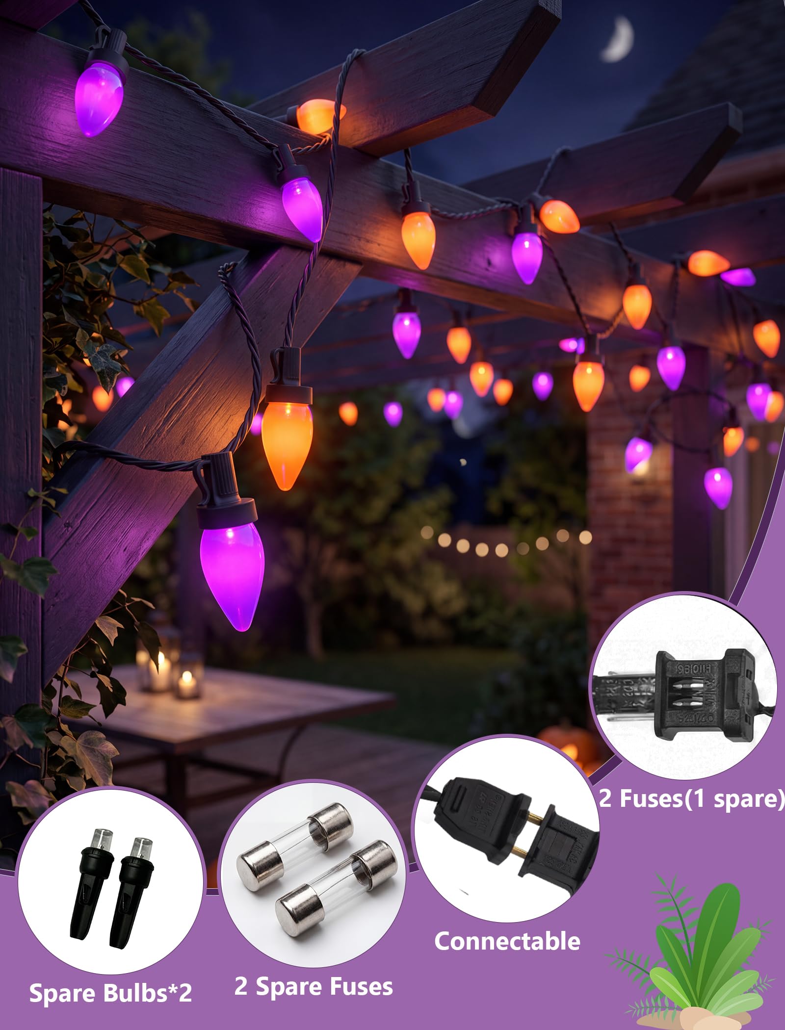 Guirlande lumineuse d'extérieur de 8 m avec 50 ampoules LED C7 et 2 de rechange, étanchéité IP44, certifiée UL pour décorations d'Halloween et de Noël (violet et orange)