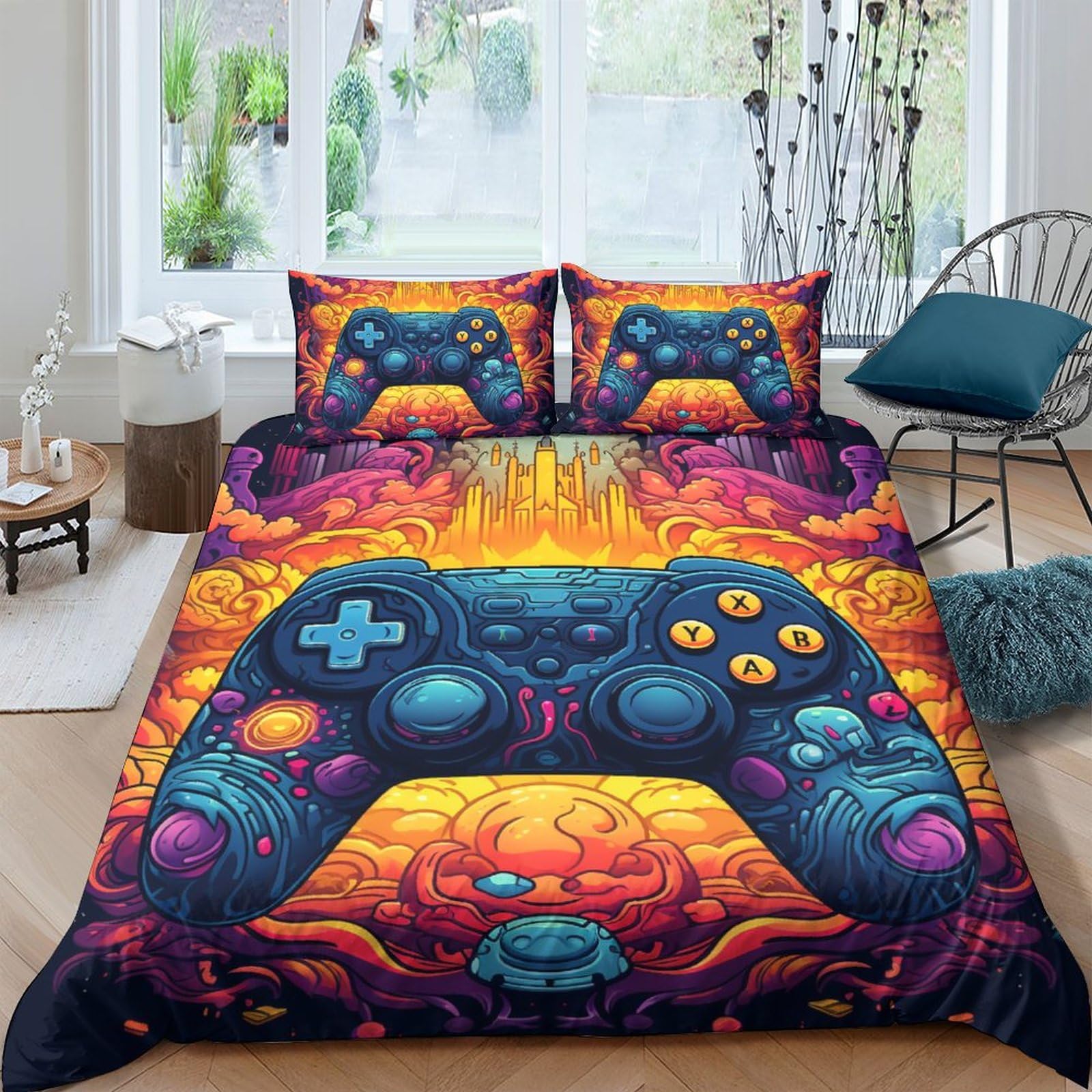 HOTGE Duvet Cover Set 3D Printed Bedding Game Bedding Set with Pillowcases Soft Microfiber Controller Quilt Cover for Kids Boys Girls Bedroom Decor Double（200x200cm）