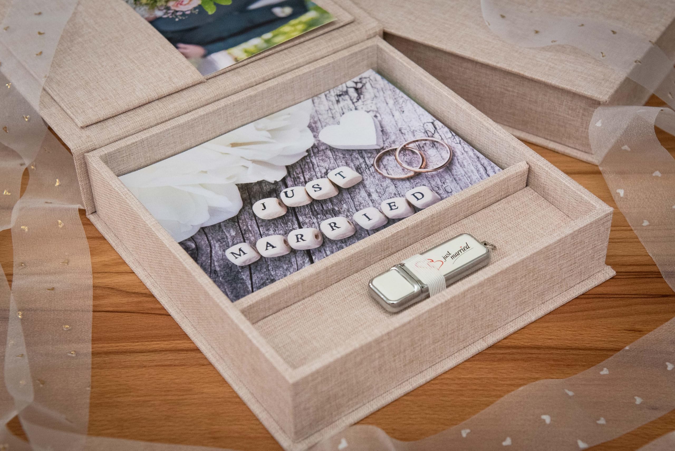 Élégante boîte photo, avec fente USB, boîte cadeau, pour clés USB et tirages photo 13 x 18 cm (sans USB), boîte de rangement, boîte de rangement, boîte de rangement, boîte à souvenirs, cadeau photo