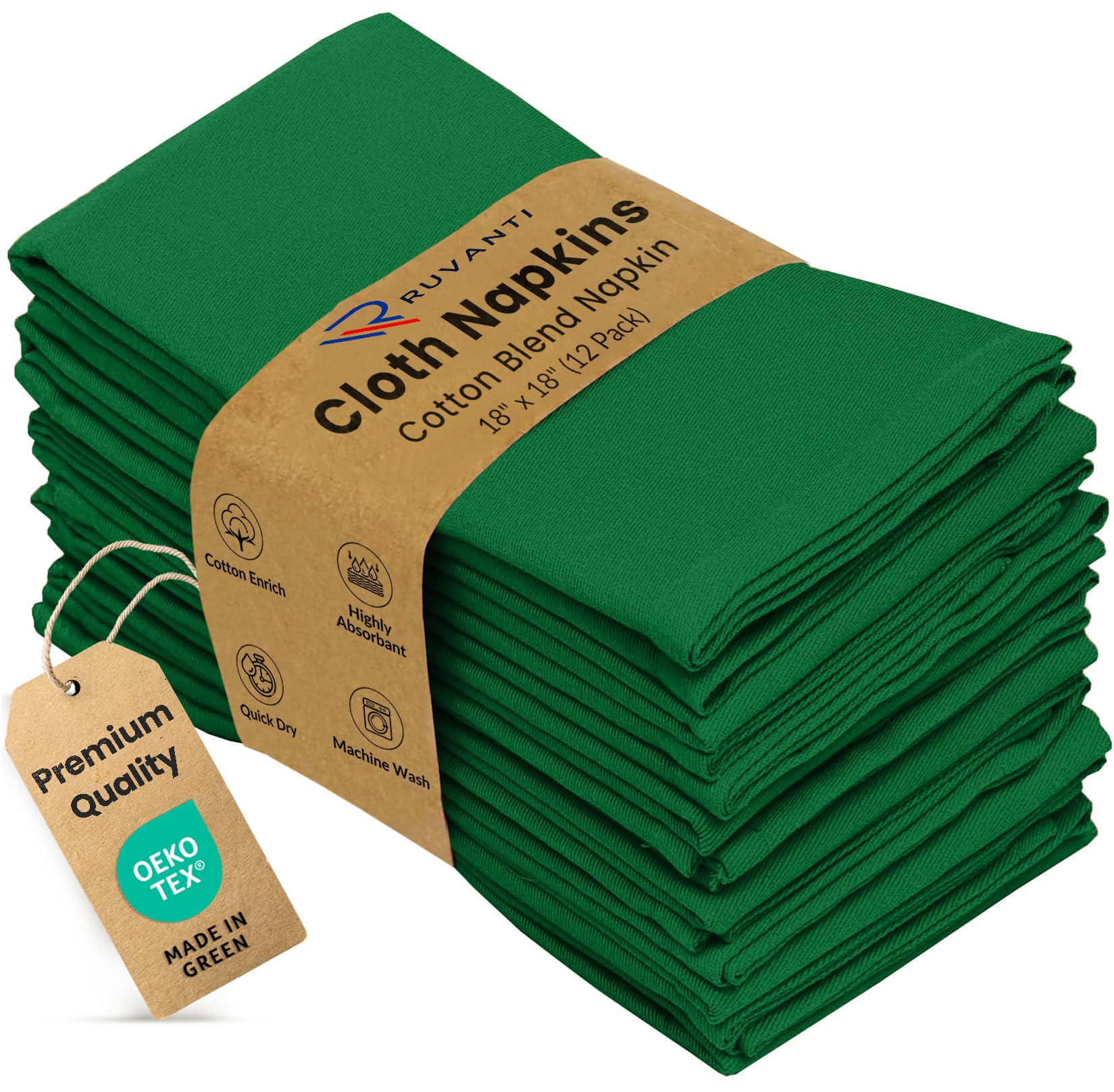 Ruvanti Cloth Napkins Set of 12, Cotton Enrich 18”x18” - Dark Green