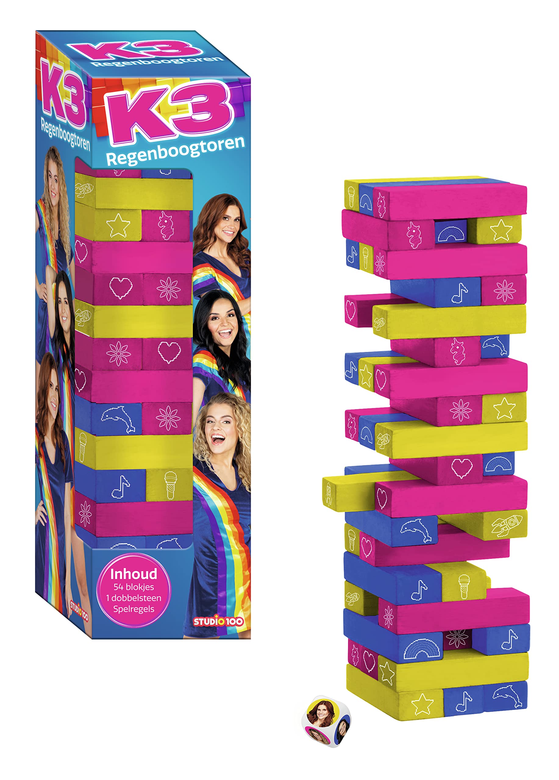 K3 Action Game - Rainbow Tower - with 54 Stacking Blocks and dice