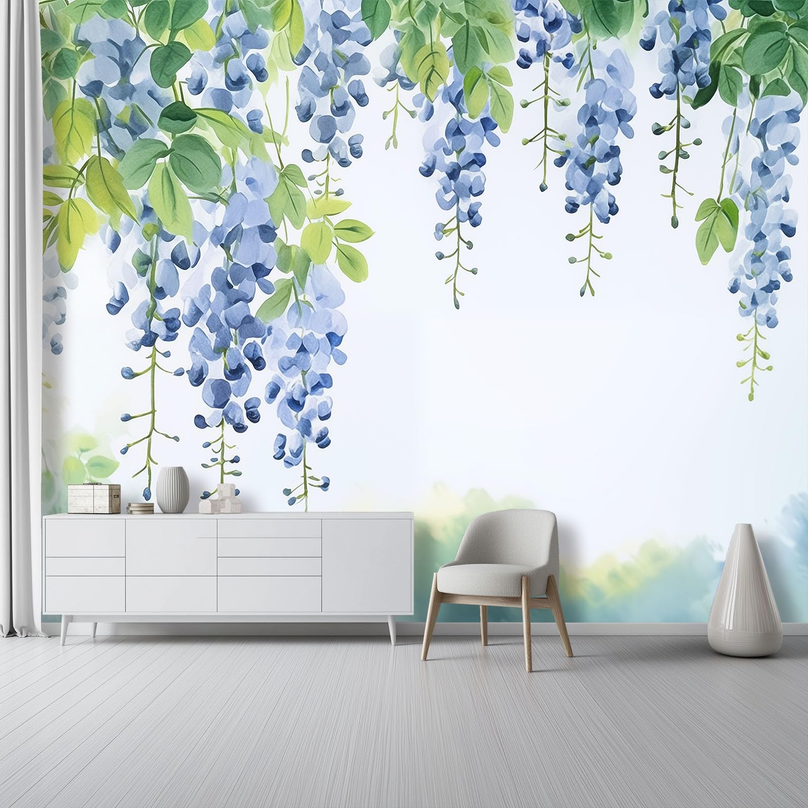 Panoramiczna tapeta 400 x 280 cm, akwarela winorośl i fioletowe kwiaty salon sypialnia dekoracja domu - kolorowa tapeta z włókniny 3D