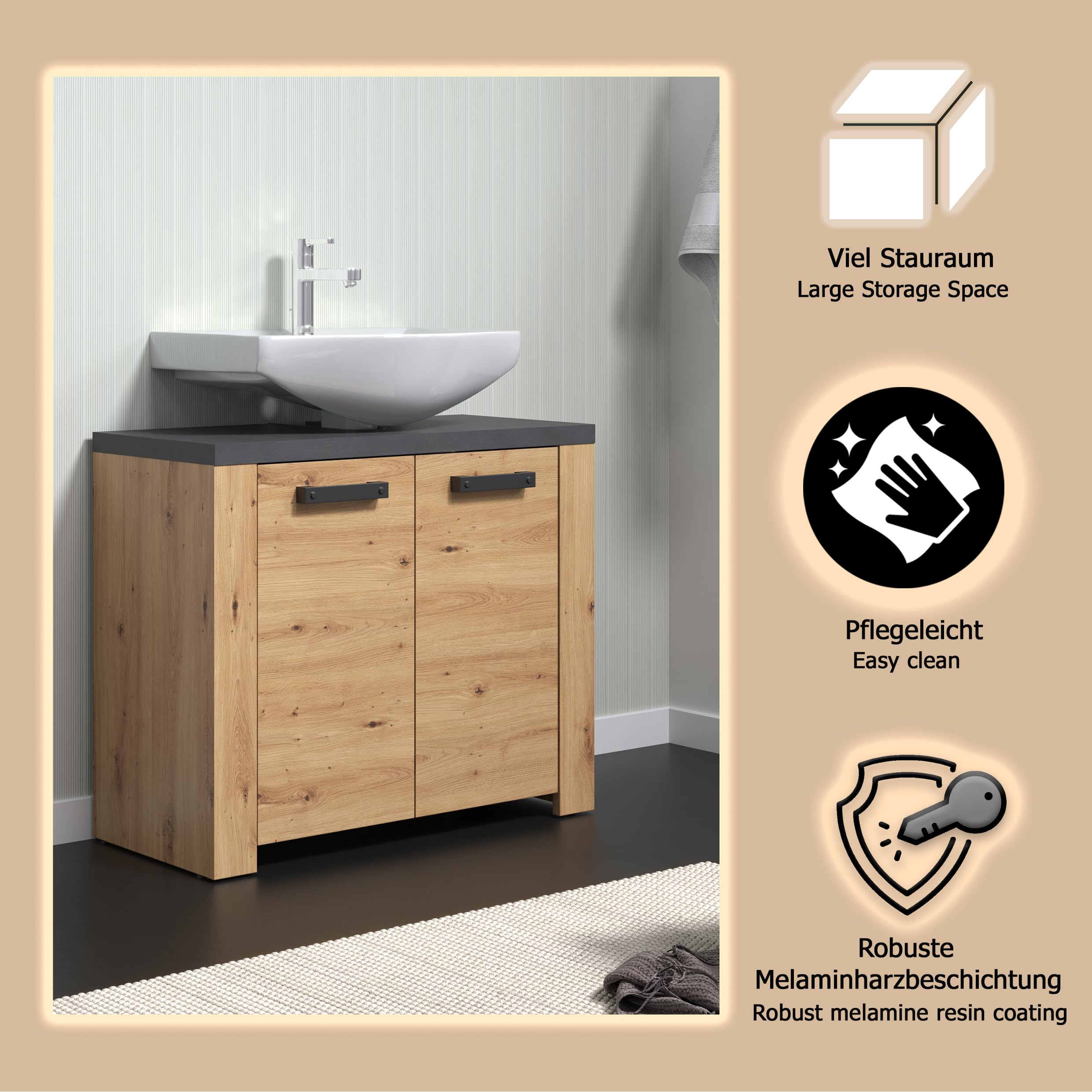 trendteam smart living - Follow - Waschbeckenunterschrank - Artisan Eiche/Matera - Waschtisch mit 2 Türen und 1 Einlegeboden - (BxHxT) 79 x 67 x 35 cm - moderne, schwarze Griffe - kratzfest