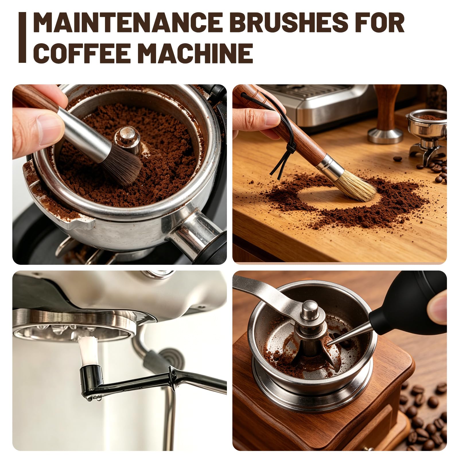 Kit de limpieza para molinillo de café, juego de cepillos para máquina de café expreso, 6 piezas con cepillo de cabeza de grupo, cepillo de largo alcance, cepillo de madera de nogal, soplador