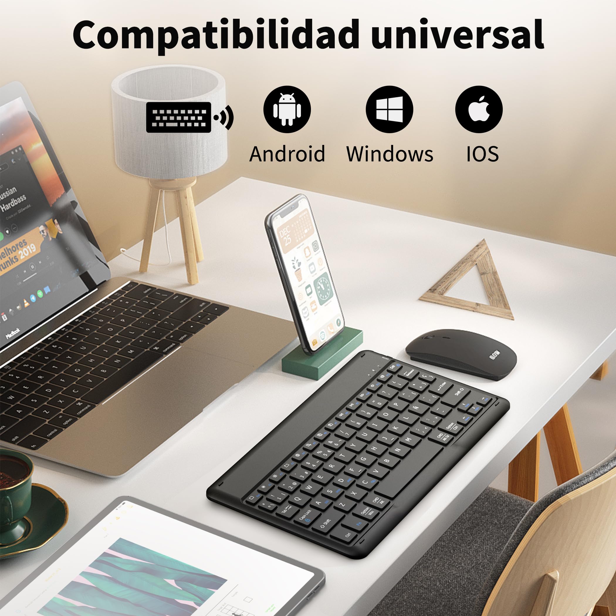 Pavimentazione Bluetooth EasyAcc TastieraCompatibile WindowsAndroidiOS Layout Spagnolo Nero - Dettaglio