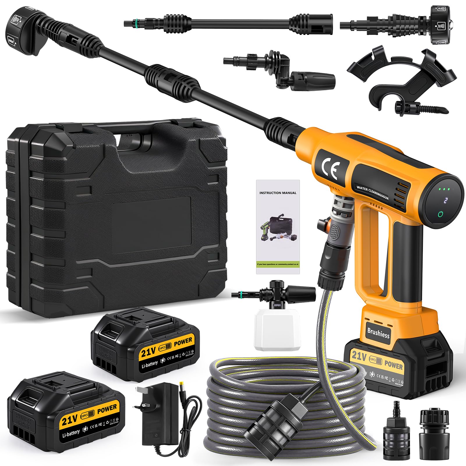 papasbox 200 Bar Cordless Pressure Washer, 6 in 1 Portable Power Washer with 2Pcs 4000mAh Battery, 5m Hose & Foam pot, LED touch screen 4 gears adjustable, Pressure Washer for Car, Patio, Floor Garden
