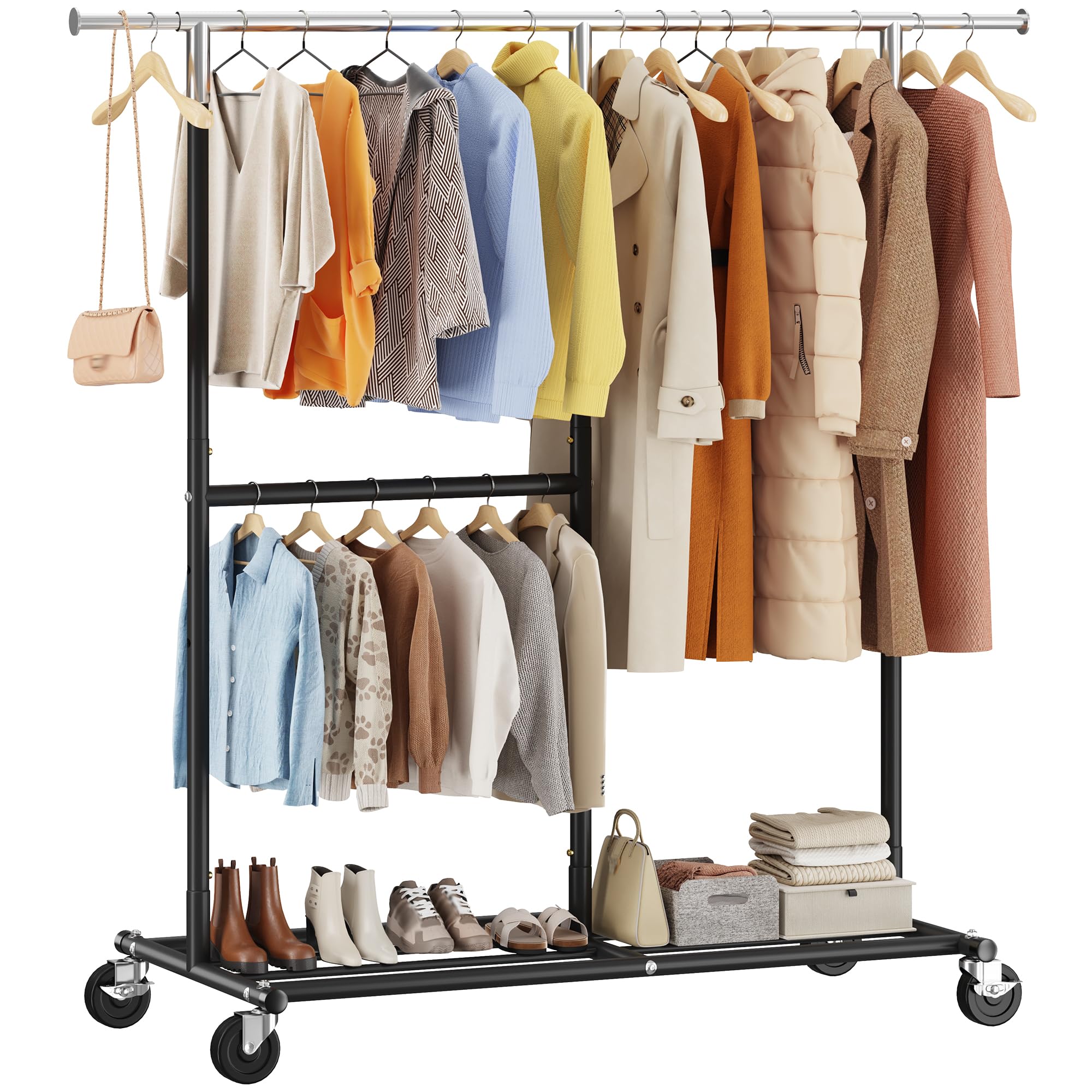 Raybee Clothes Rack Heavy Duty 450LBS, Clothing Racks for Hanging Clothes 200+, Metal Clothing Rack with Wheels, Rolling Commercial Garment Rack Portable, Black