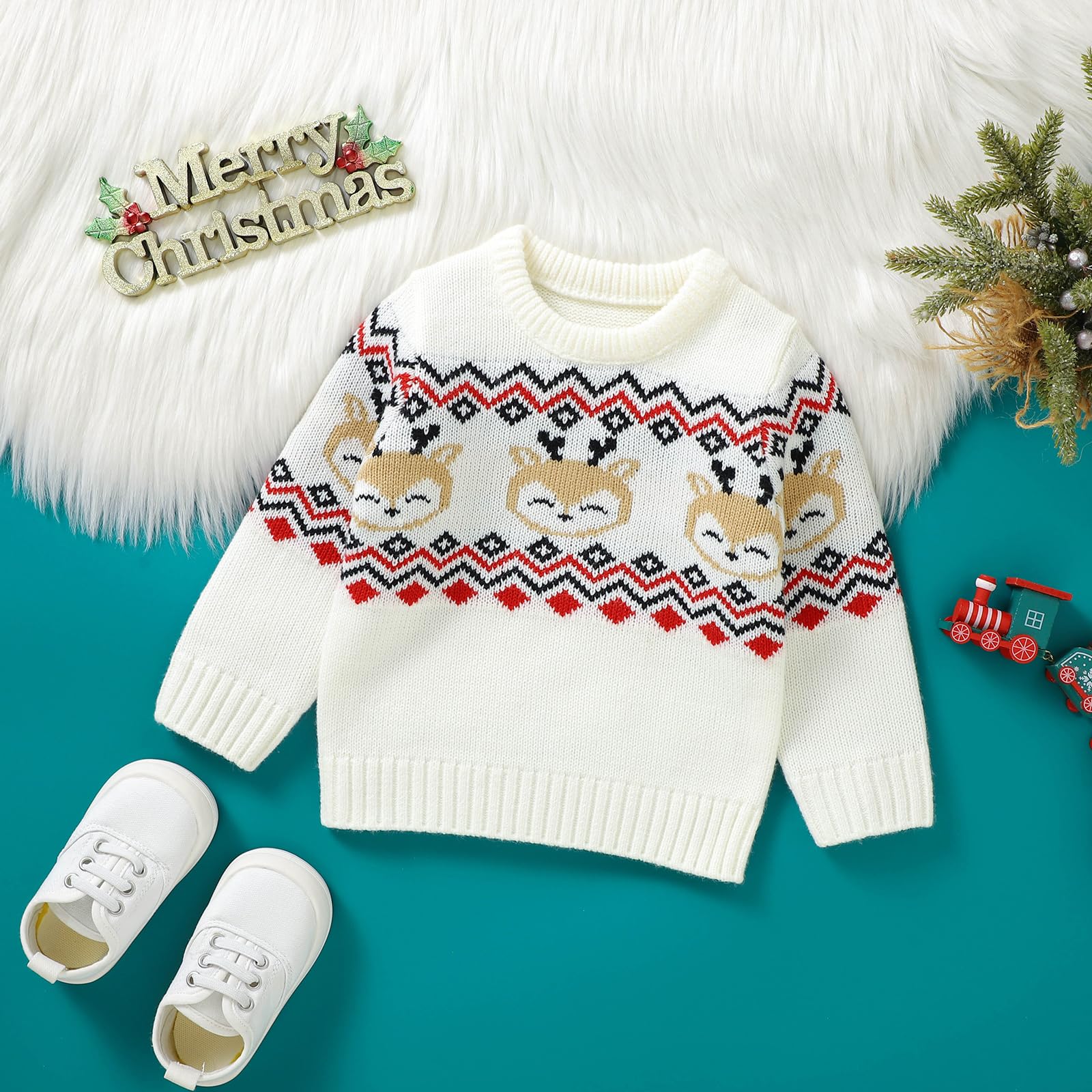 Carolilly Maglia Neonato di Natale Carino Maglione Neonata Manica Lunga con Stampa Alce Maglia Pullover Natalizia Invernale per Bambino Elegante