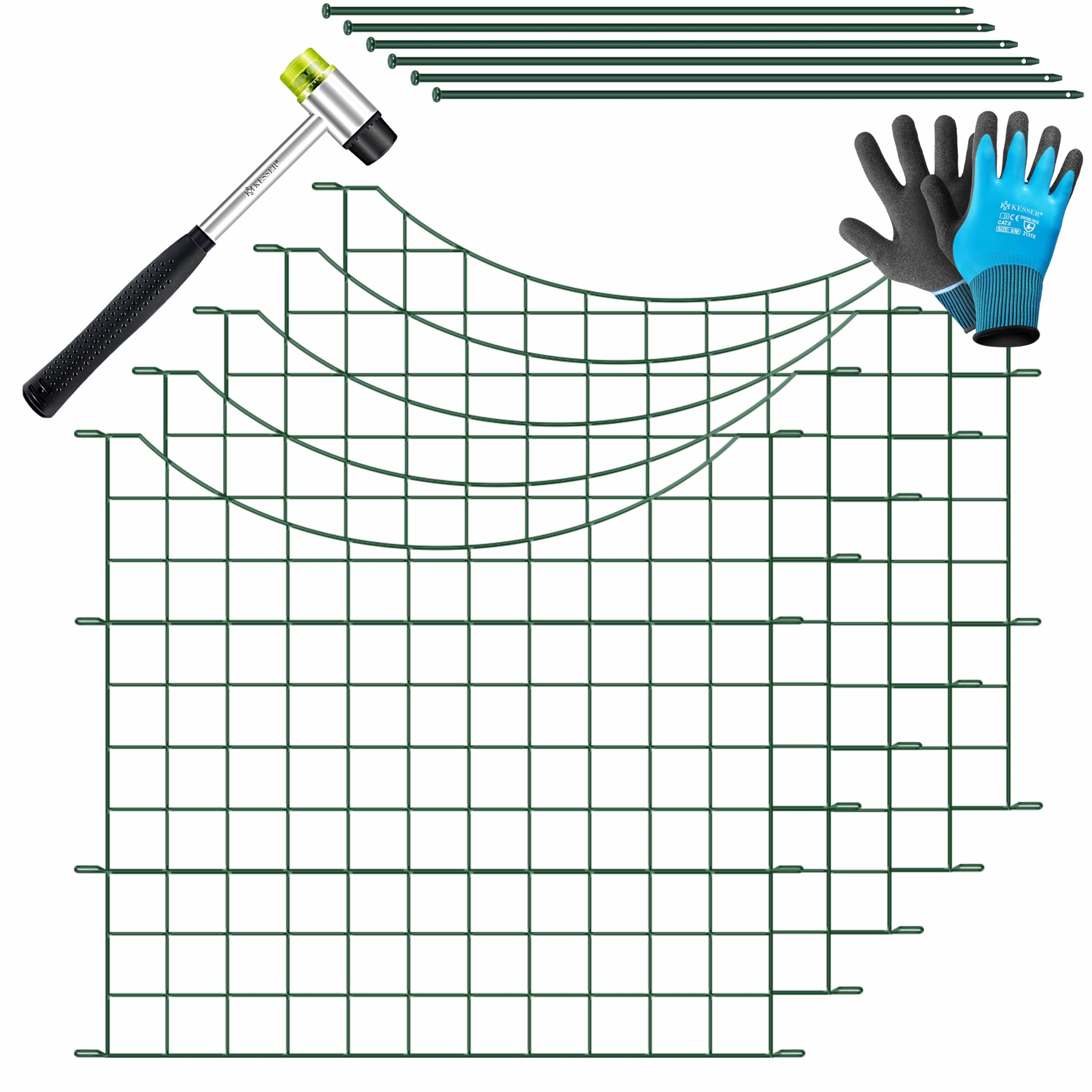 KESSER® Teichzaun Gartenzaun Steckzaun Komplettset Metall 5x Unterbogen Rund Inkl. Handschuhe, 1x Hammer + 6 Befestigungsstäben, Zaun zum stecken für Garten, Gitterzaun Set Freigehege für Tiere