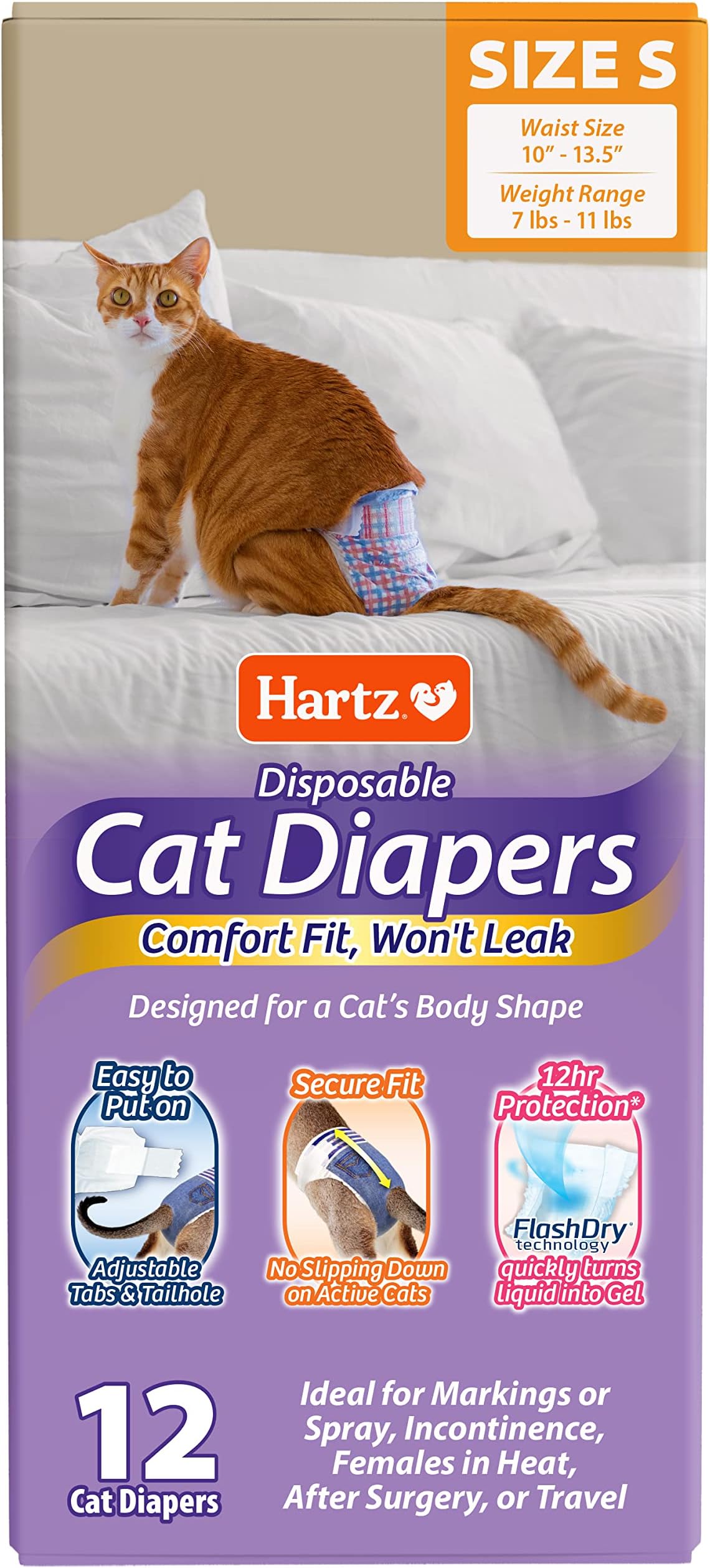 Hartz Comfitables Cat Diapers, Size S 12 Count, Comfortable & Secure Fit, Easy to Put On