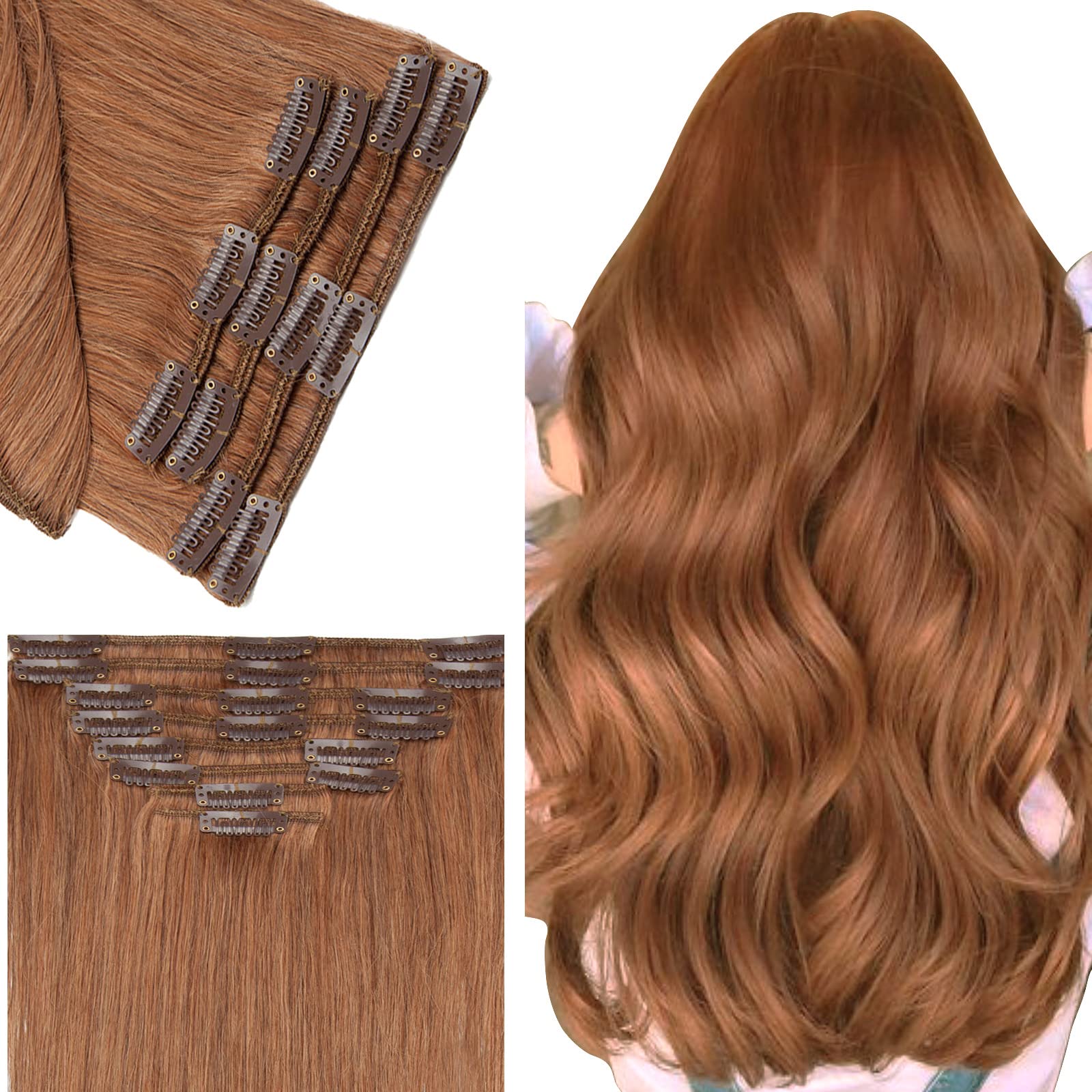 Benehair Clip-in Real Human Hair Extensions - Full Head, 16inch, 8pcs, Long Straight, Remy Auburn, #30 Light Auburn