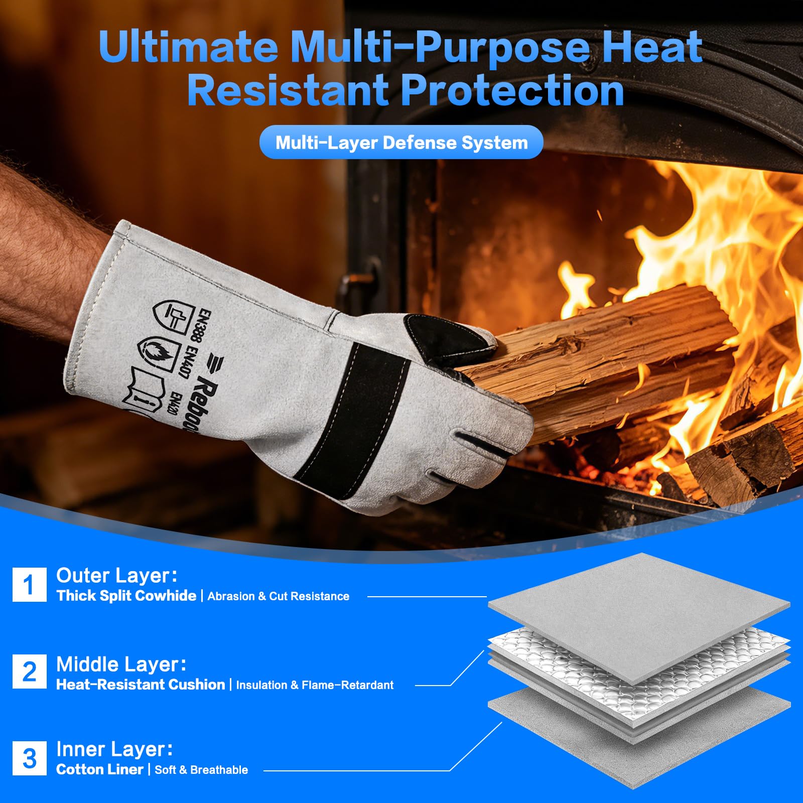 Reboot Gants de Soudure, Cuir Résistant 500°C, Protection Avant-Bras 38 cm, Coutures Doubles Renforcées pour MIG TIG MMA Barbecue Forge – Gris