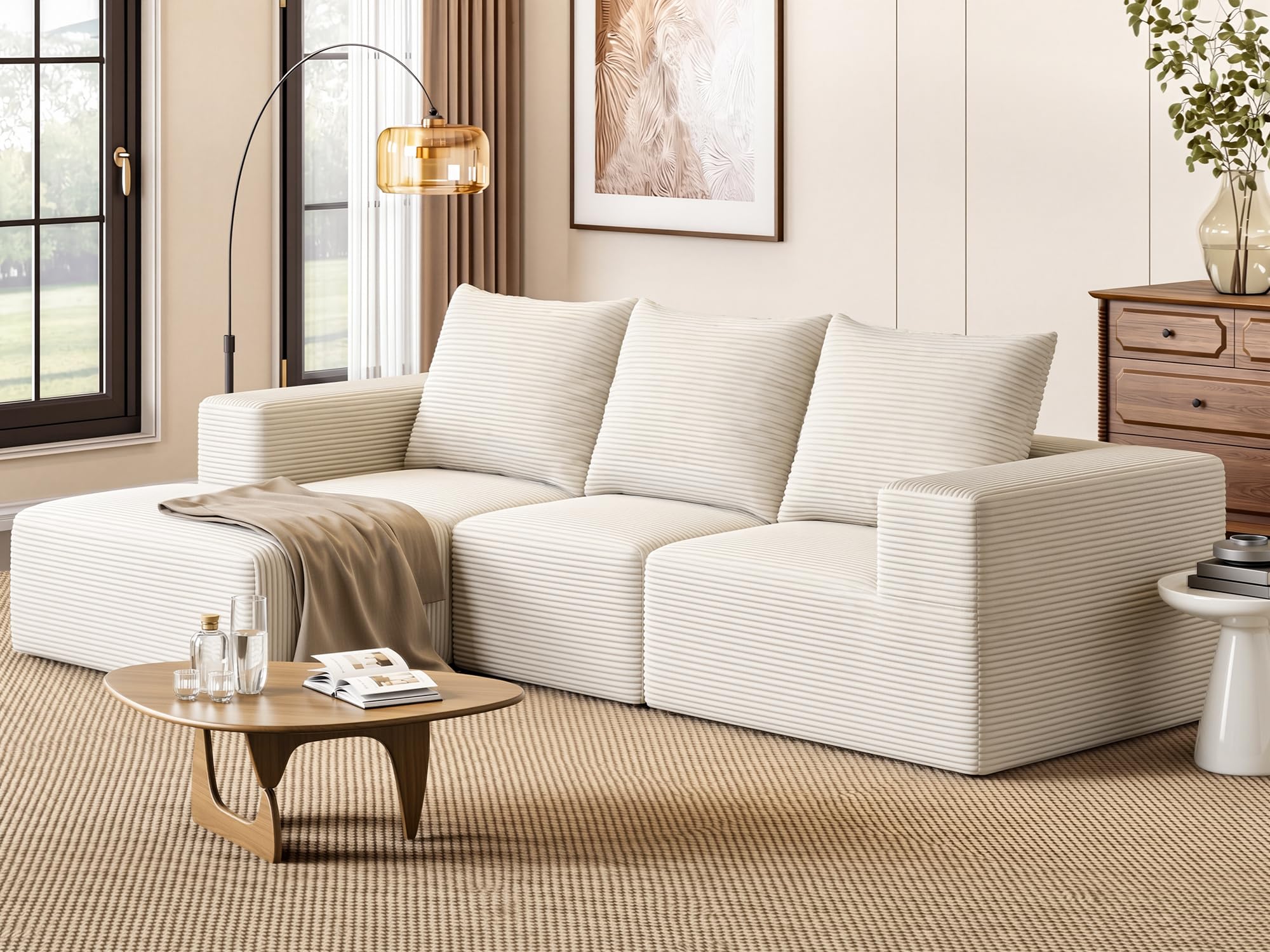 YITAHOME Ecksofa Sofa L Form 3 Sitzer, 247 x 155 x 57cm Boneless Couch mit Ottomane, Modulares Sofa, Corduroy Couch Sektionssofas, Keine Montage Erforderlich, Beige