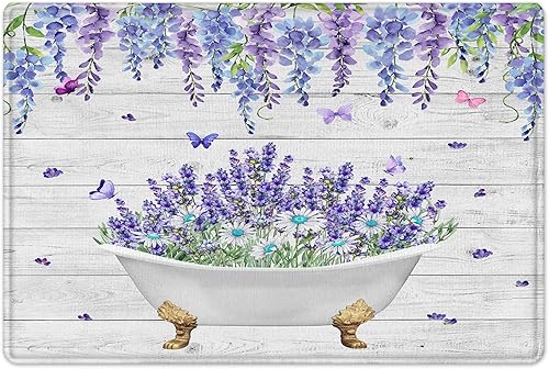 Miniatura 7 de LB Juego de cortinas de ducha de mariposa y flores con alfombras, margaritas y morado lavanda, hojas de eucalipto, cortina de ducha verde con